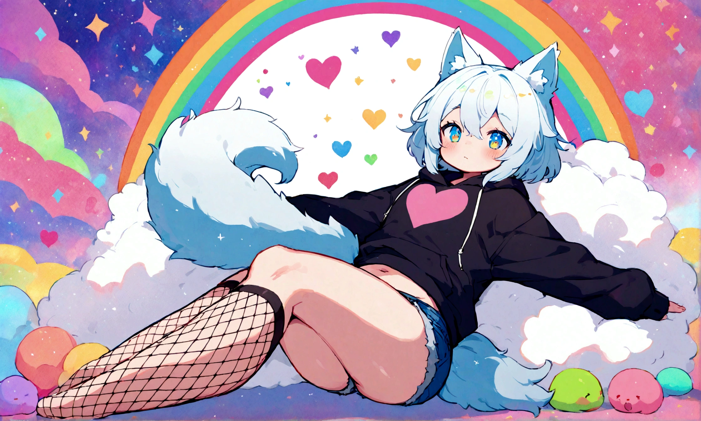 a cute adult male with wolf ears, white hair, has a wolf tail, wearing a loose cropped oversized black hoodie, wearing a pair of denim short shorts and fishnet stockings, thick thighs, wide hips, relaxing on mound of fluffy multi colored kawaii plushies, short, very slim, showing slender tummy, stretching out, heart on hoodie, squishy thighs, has glowing blue eyes. alone, solo (ALONE)(SOLO), surrounded by rainbows, colorful galaxy backround