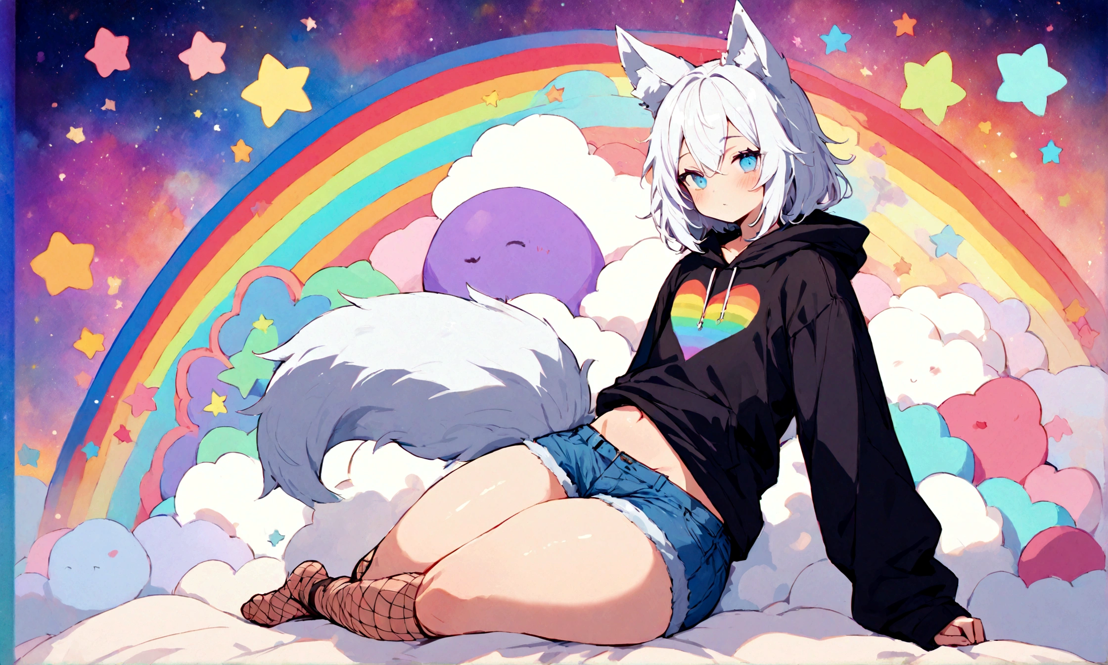 a cute adult male with wolf ears, white hair, has a wolf tail, wearing a loose cropped oversized black hoodie, wearing a pair of denim short shorts and fishnet stockings, thick thighs, wide hips, relaxing on mound of fluffy multi colored kawaii plushies, short, very slim, showing slender tummy, stretching out, heart on hoodie, squishy thighs, has glowing blue eyes. alone, solo (ALONE)(SOLO), surrounded by rainbows, colorful galaxy backround