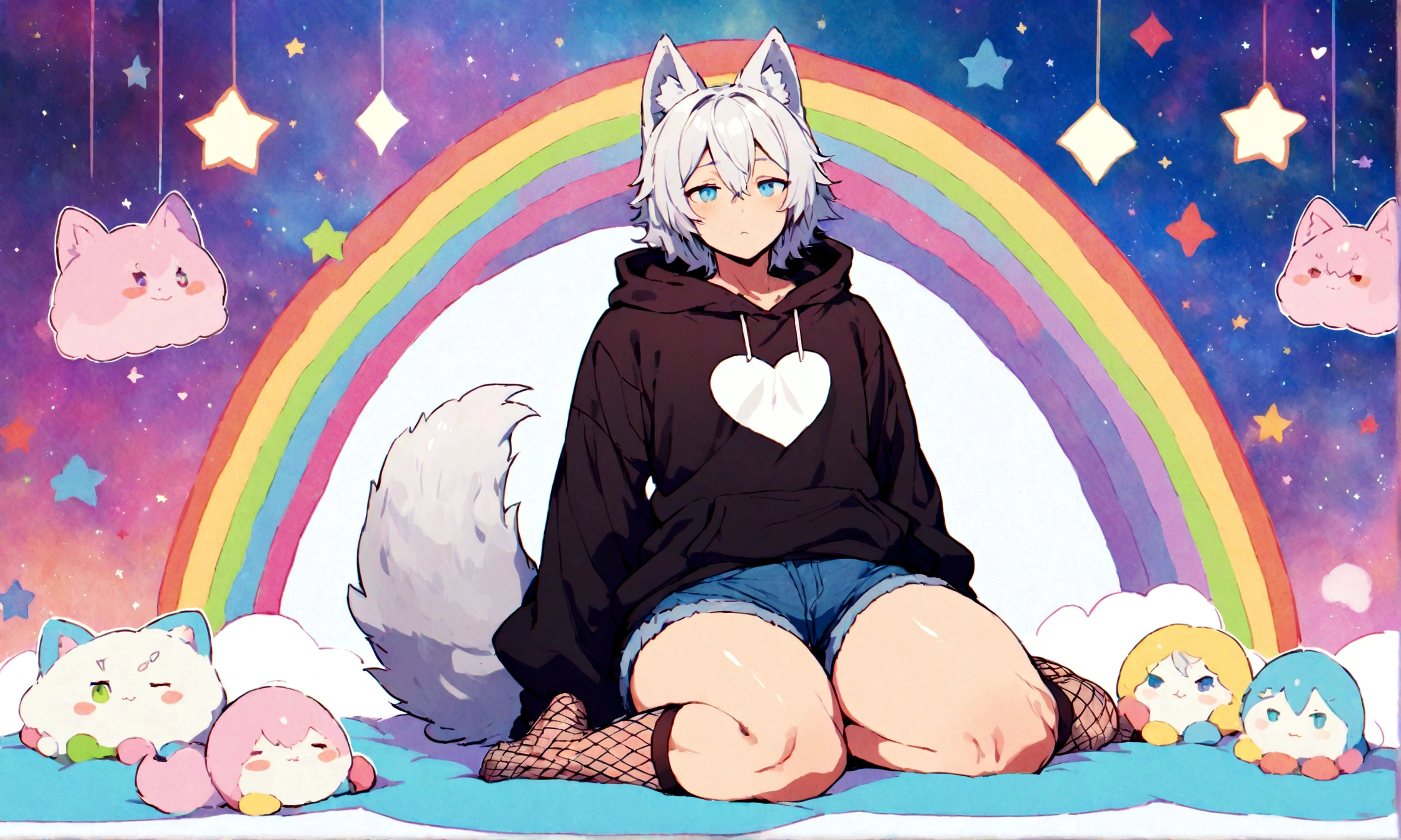 a cute adult male with wolf ears, white hair, has a wolf tail, wearing a loose cropped oversized black hoodie, wearing a pair of denim short shorts and fishnet stockings, thick thighs, wide hips, relaxing on mound of fluffy multi colored kawaii plushies, short, very slim, showing slender tummy, stretching out, heart on hoodie, squishy thighs, has glowing blue eyes. alone, solo (ALONE)(SOLO), surrounded by rainbows, colorful galaxy backround