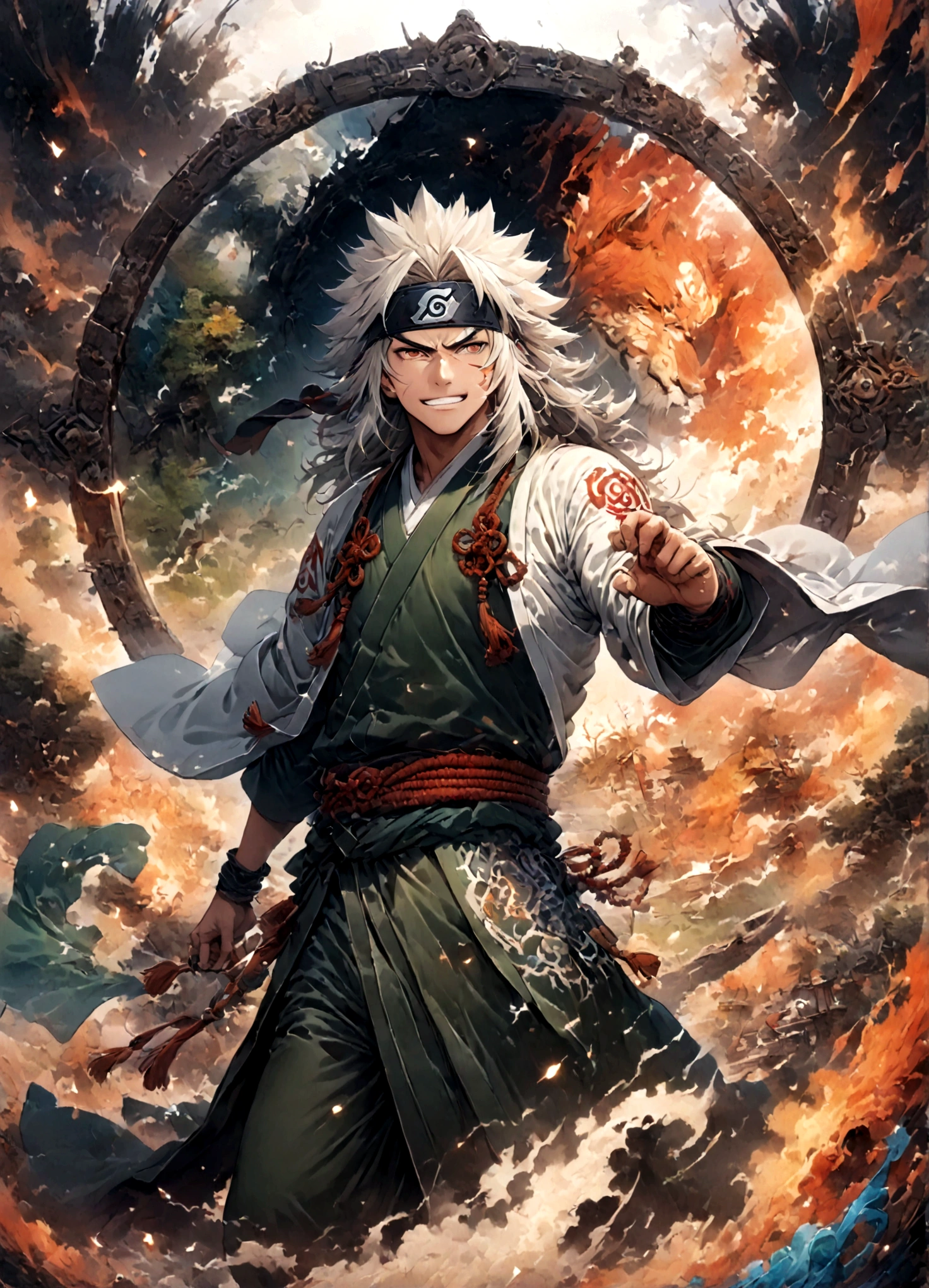 (1 middle-aged male,jiraiya,Green kimono,White Haori),solo,comics『NARUTO』Characters in,,Ninjutsuの使用,Battle Style,Cynical Smile,Ninjutsuのエフェクト,Enjoy the battle,Moderate dirt,,tattoo,Forehead protector,Digital Art,An illustration,Intricate details,Intricate details,Wide range of colors,artwork,rendering,,(highest quality:1.4),(Very detailed:1.5),High resolution,Very detailed,unity 8k wallpaper,Draw artistic background,yin and yang,Five Elements,Ninjutsu,