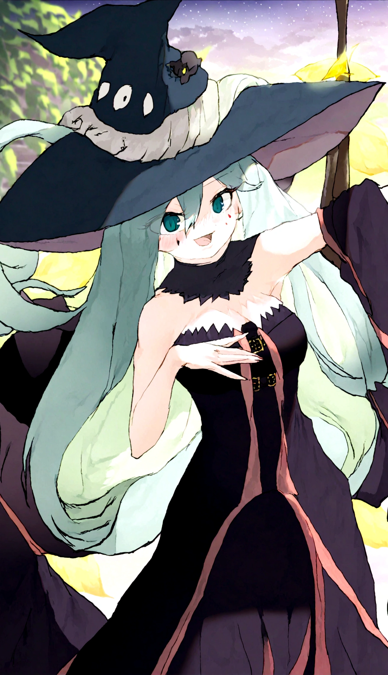 a close up of a person wearing a hat and dress, flirty anime witch casting magic, gothic maiden anime girl, anime girl with long hair, fashionable dark witch, in a cloak with long hairs, anime girl wearing a black dress, dark witch character, marin kitagawa fanart, witch academia, with a green cloak, witch girl, classical witch