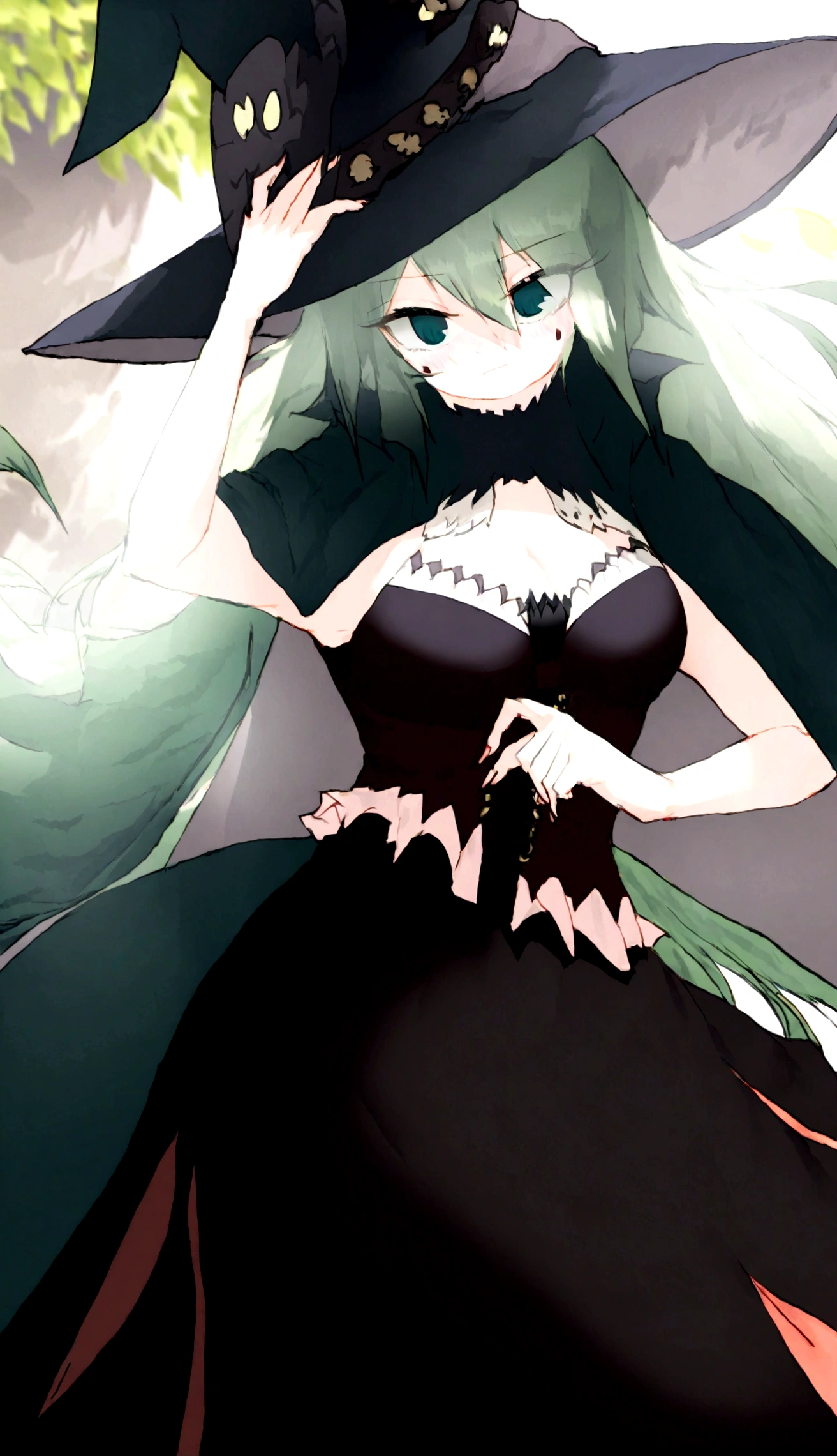 a close up of a person wearing a hat and dress, flirty anime witch casting magic, gothic maiden anime girl, anime girl with long hair, fashionable dark witch, in a cloak with long hairs, anime girl wearing a black dress, dark witch character, marin kitagawa fanart, witch academia, with a green cloak, witch girl, classical witch