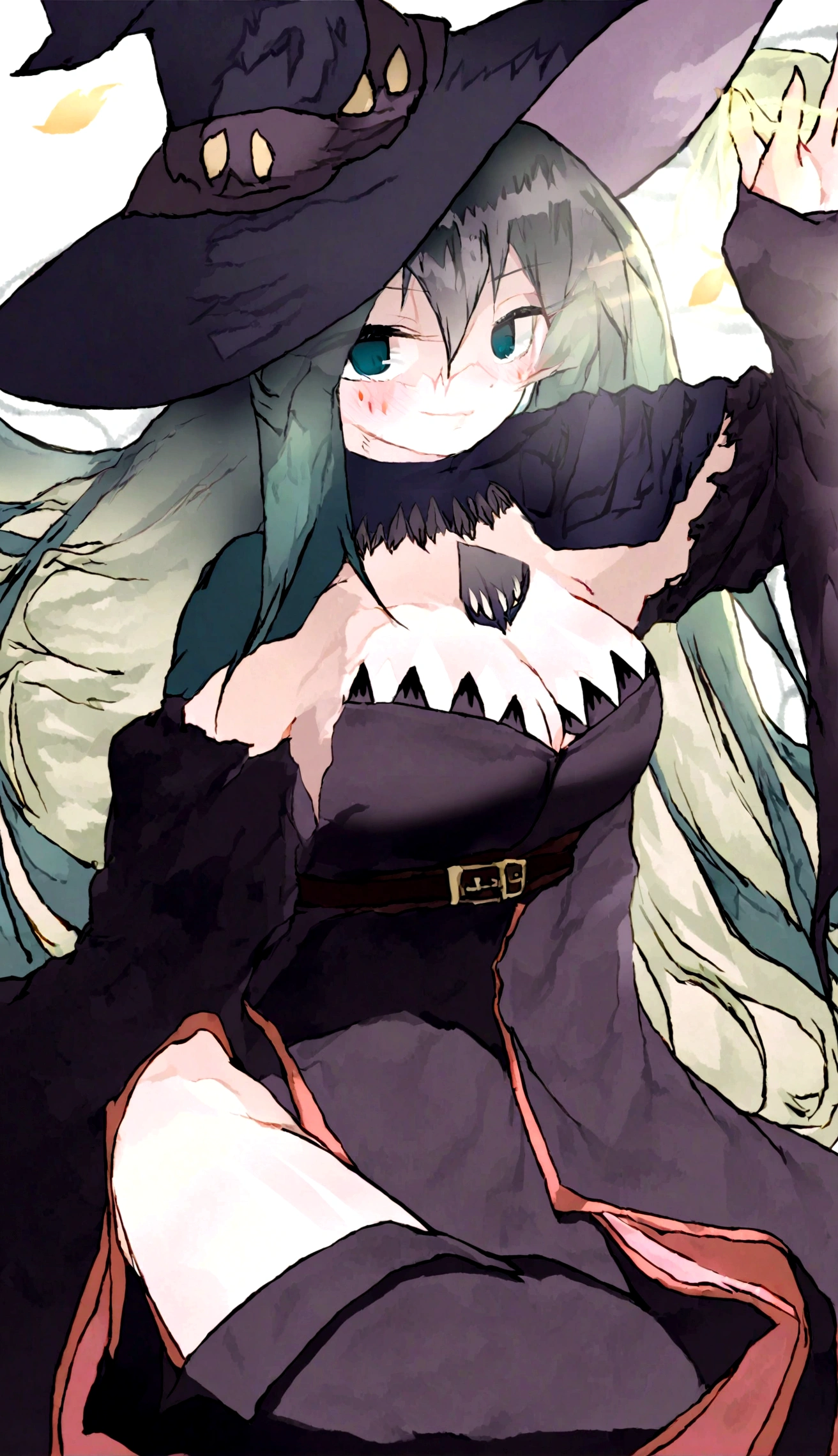 a close up of a person wearing a hat and dress, flirty anime witch casting magic, gothic maiden anime girl, anime girl with long hair, fashionable dark witch, in a cloak with long hairs, anime girl wearing a black dress, dark witch character, marin kitagawa fanart, witch academia, with a green cloak, witch girl, classical witch