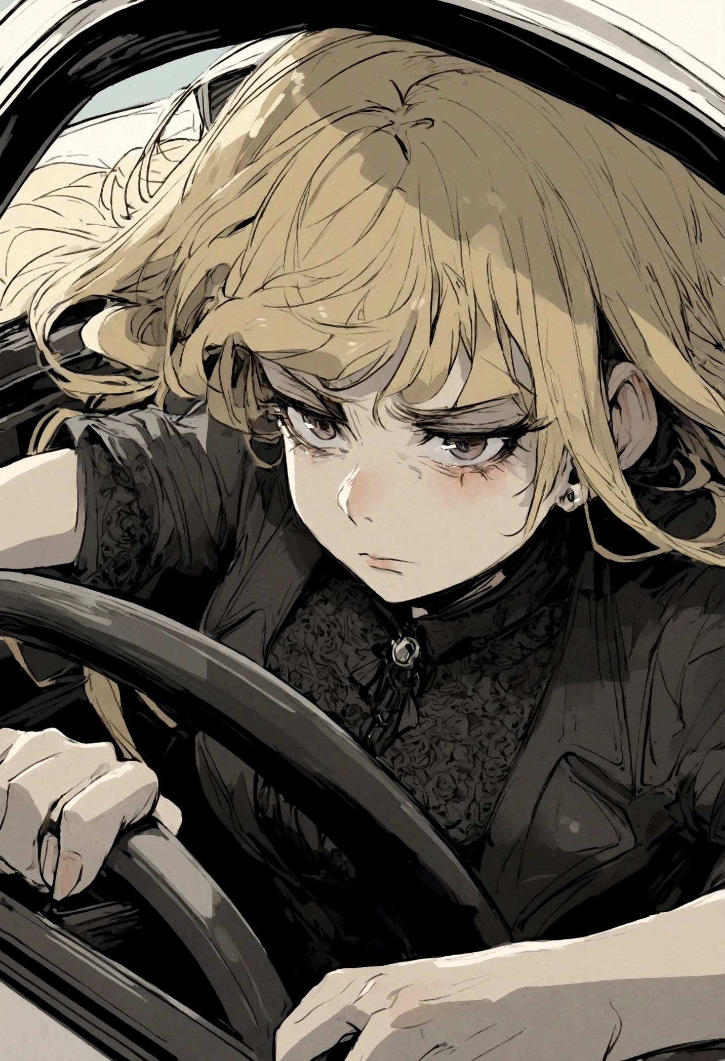 1 woman, blond, gothic, sad, looking serious, driving, inside a car, odd, bizarre, cartoonish, hand on the steering wheel