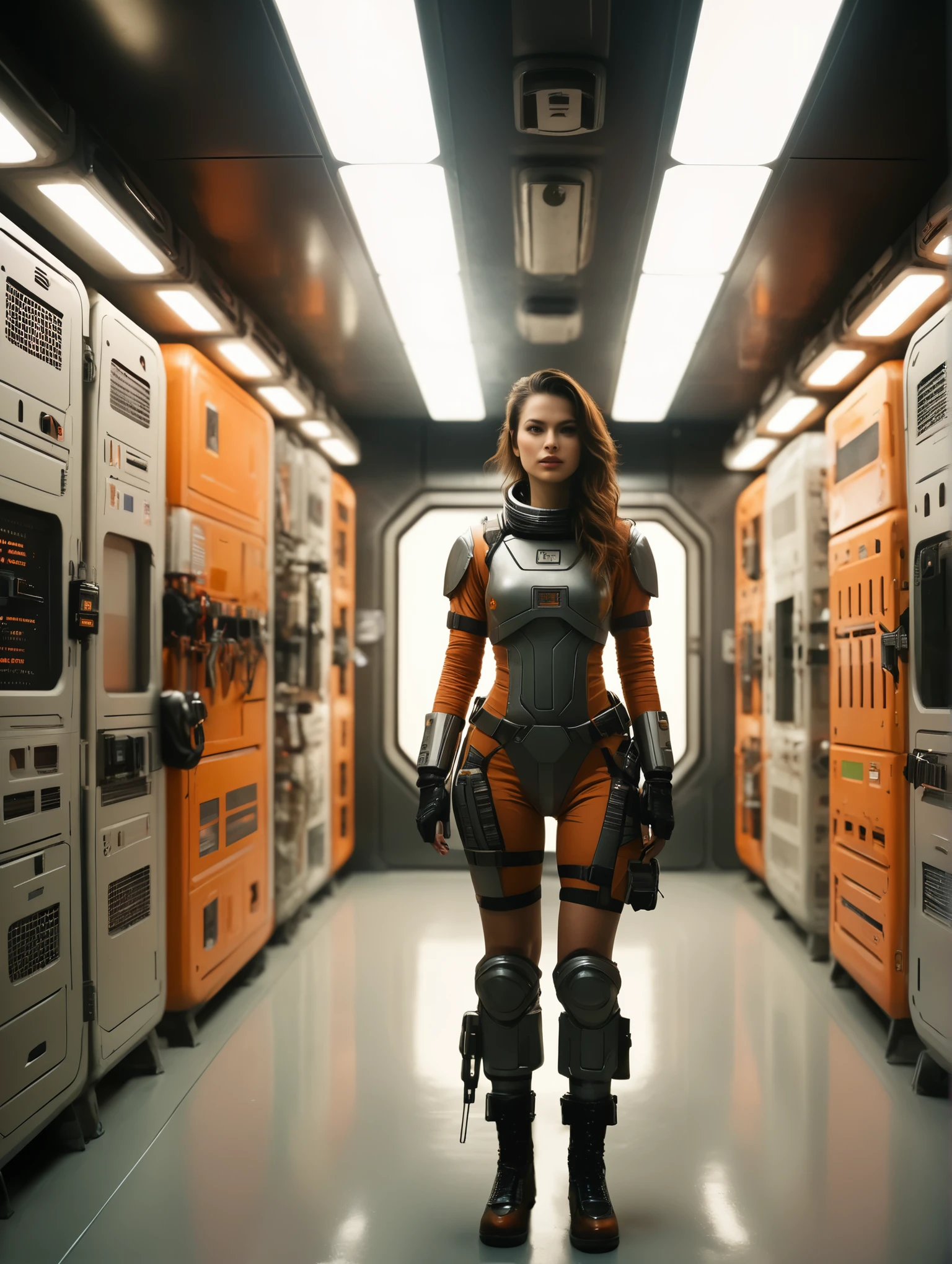 kylie, Horror-themed, nostromostyleai, wearing retro-futuristic space suit,
in space station armory - recessed lighting, metal grate flooring, rows of glass lockers, rifles displayed on walls, pistols, grenades, boxes of ammunition, tactical clothing on hangers, glass displays with armor and swords, helmets, black and chrome theme.
(solo, full body:1.3), (looking away:1.2), (haze, fog, mist:1.2), chiaroscuro, AnalogRedmAF  Colorful stunningly beautiful woman, stunningly rapturously gorgeous : Black ink flow: 8k resolution photorealistic masterpiece: by Aaron Horkey and Jeremy Mann: intricately detailed fluid gouache painting
BREAK
finely detailed skin, sharp focus, (cinematic lighting), collarbone, night, soft lighting, dynamic angle, (detailed face:1.2),
Eerie, unsettling, dark, spooky, suspenseful, grim, highly detailed, (skin details, skin texture, pores) 4k, uhd,
(film grain, bokeh, shallow depth of field, sharp focus, full sharp, vignette:1), rule of thirds, (hyper detailed, highly detailed, volumetrics)
BREAK
shot with arri alexa mini, (miniature effect, expired film, warm tones, analog, light leaks, vintage photography, selective focus, highly detailed, vibrant, perspective control, tilt shift), subsurface scattering, f2, 35mm, detailed eyes, perfect eyes, detailed lips, detailed nose, detailed face, detailed hands, detailed fingers, perfect fingers, detailed fingernails, detailed clothing and accessories
