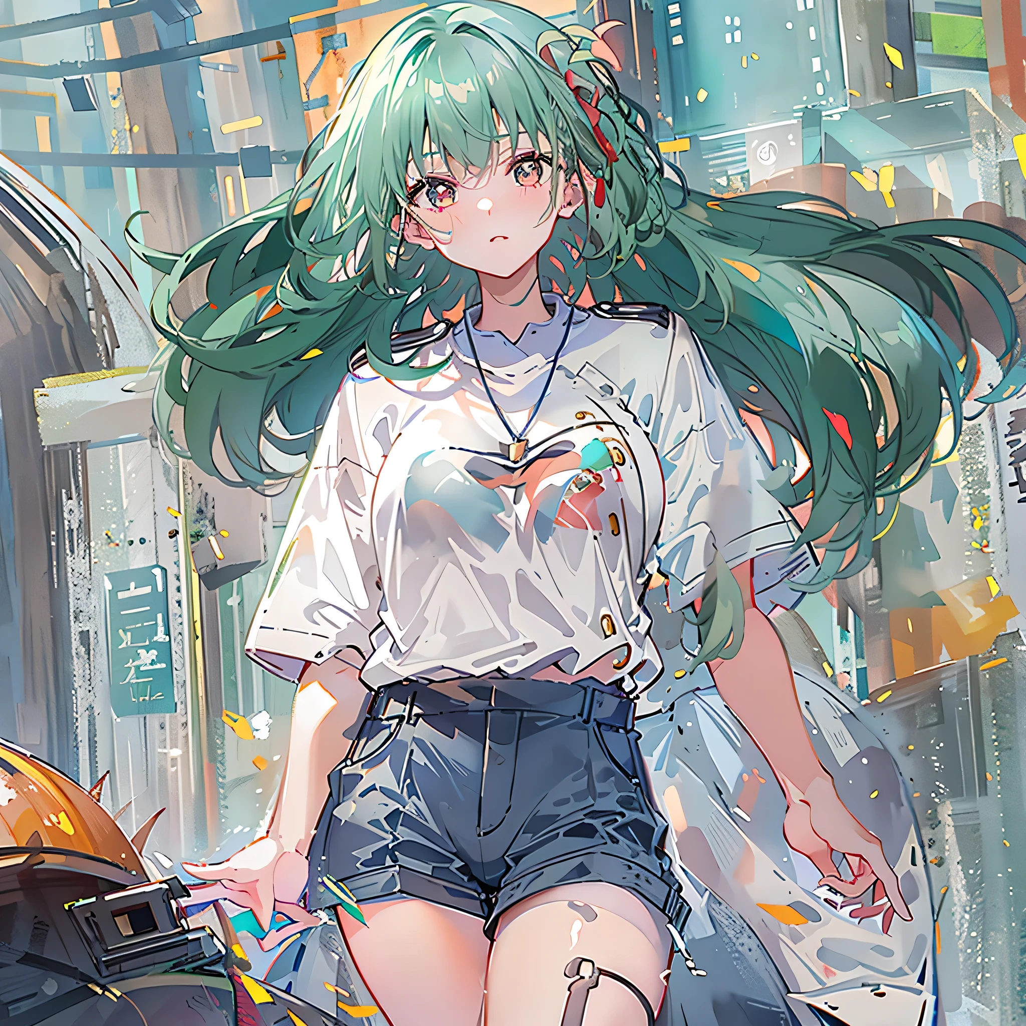 8K resolution、((top-quality))、((masterwork))、((ultra-detailliert))、1 woman、solo、incredibly absurdness、Oversized T-shirt’s 、ocean、plein air、Sateen、neons、Shortcut Hair、lights green Hair Brightly colored eyes、Hands in pockets、shortpants、really cute 、summer