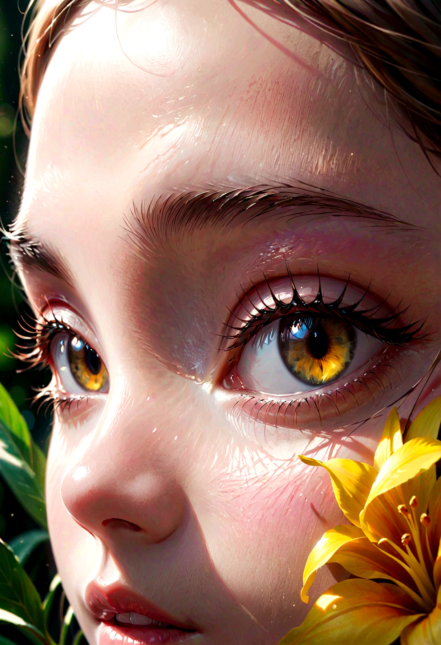 um retrato detalhado em close de uma bela jovem, pele perfeita, grandes olhos lindos, long eyelashes, nariz delicado, fleshy lips, soft facial features, natural lighting, high resolution, 8K, hiper detalhado, Fotorrealista, cinematic, dramatic lighting, tons de cores quentes, pele brilhante