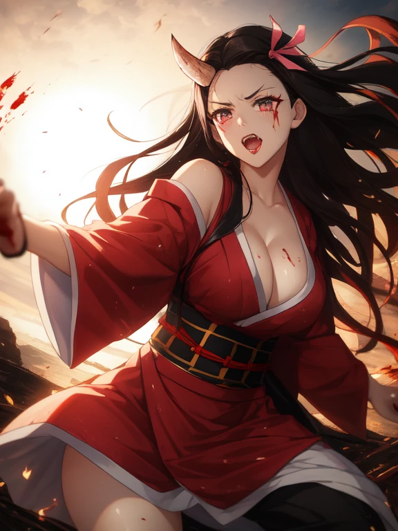 kamado nezuko, 1girl, slit pupils, sharp teeth, vampire, veins, blood, big breasts, ((aged)), brown hair, buckle, cleavage, collarbone, big breasts, cowboy shot, dutch angle, nails, full moon, gradient hair, holding, holding sword, holding gun, horns, Japanese clothing, kimono, big breasts, licking, licking blood, licking hand, long hair, looking at viewer, moon, multicolored hair, night, obi, oni horns, open clothes, open kimono, orange hair, red eyes, red nails, sash, sharp nails, single horn, solo, standing, underwear, very long hair, weapon, white sash, ((masterpiece)), pink bikini, open kimono showing underwear, ashamed