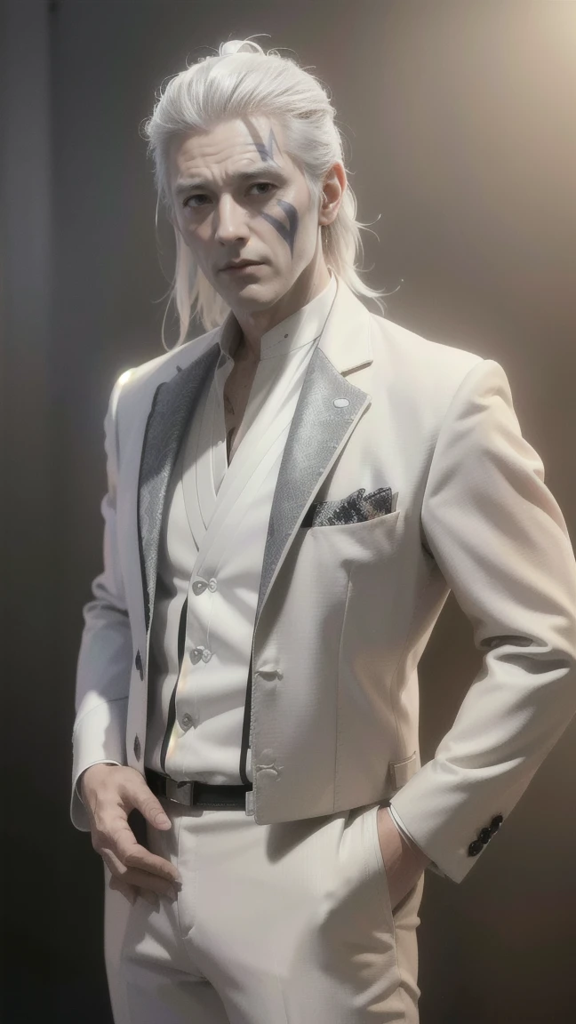 ((masterpiece, best quality, Highest image quality, high resolution, Reality, RAW photos, 8K)), ((Extremely detailed CG unified 8k wallpaper)), avatar,Front view,Medieval style,ID photo,((Cool man)),White hair,((Middle-aged greasy man)),((Scars on the face)),((Leisure Suit))