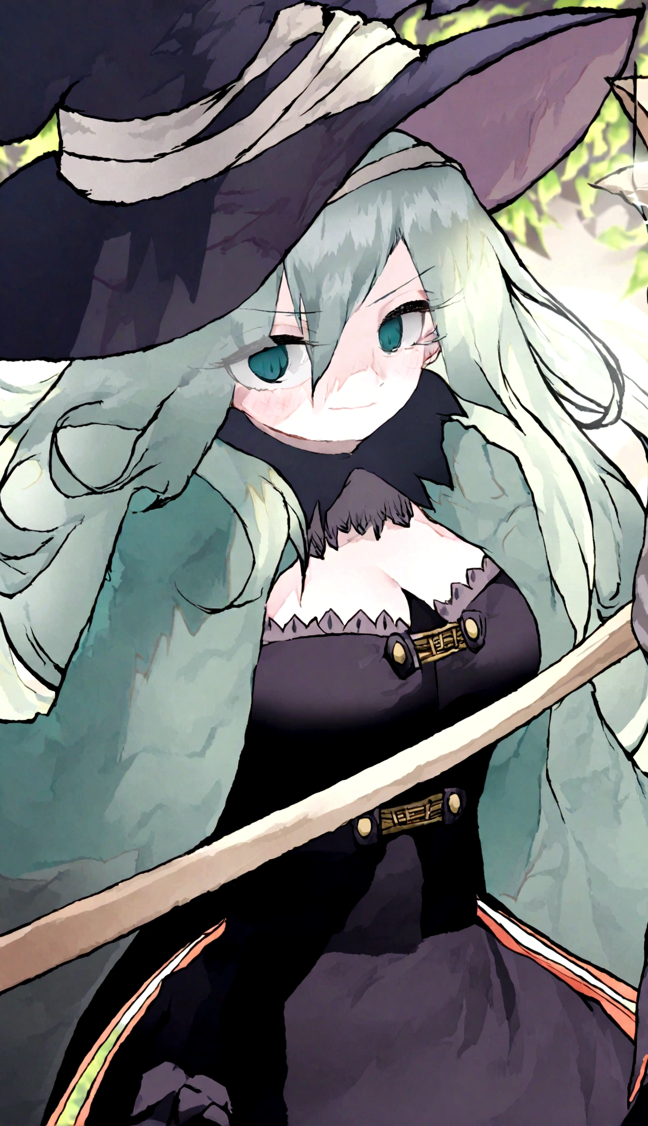 a close up of a person wearing a hat and dress, flirty anime witch casting magic, gothic maiden anime girl, anime girl with long hair, fashionable dark witch, in a cloak with long hairs, anime girl wearing a black dress, dark witch character, marin kitagawa fanart, witch academia, with a green cloak, witch girl, classical witch