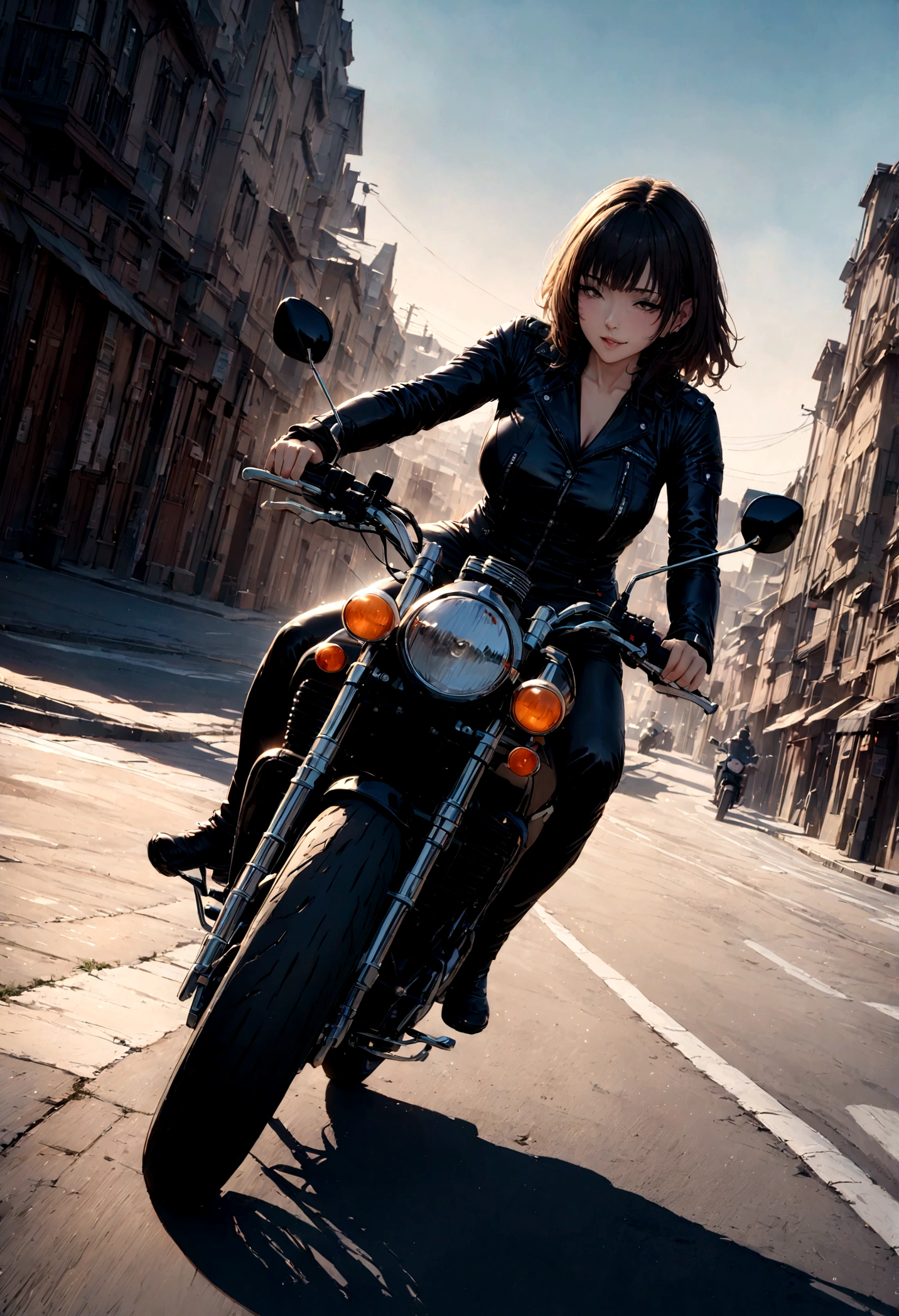 realistic sexy biker girl riding a honda cb 750 in speed, town background, masterpiece, sensual lighting, side angle
