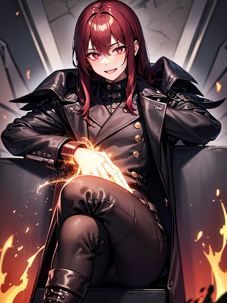 boy with disheveled dark red hair, eyes with black pupils and a wild smiling expression, dressed in a black trench coat with red details and a white shirt with a black lightning print, black pants and military boots, is sitting on a throne of pure white iron made of Swords and in the background there is a Kingdom engulfed and flames and chaos.