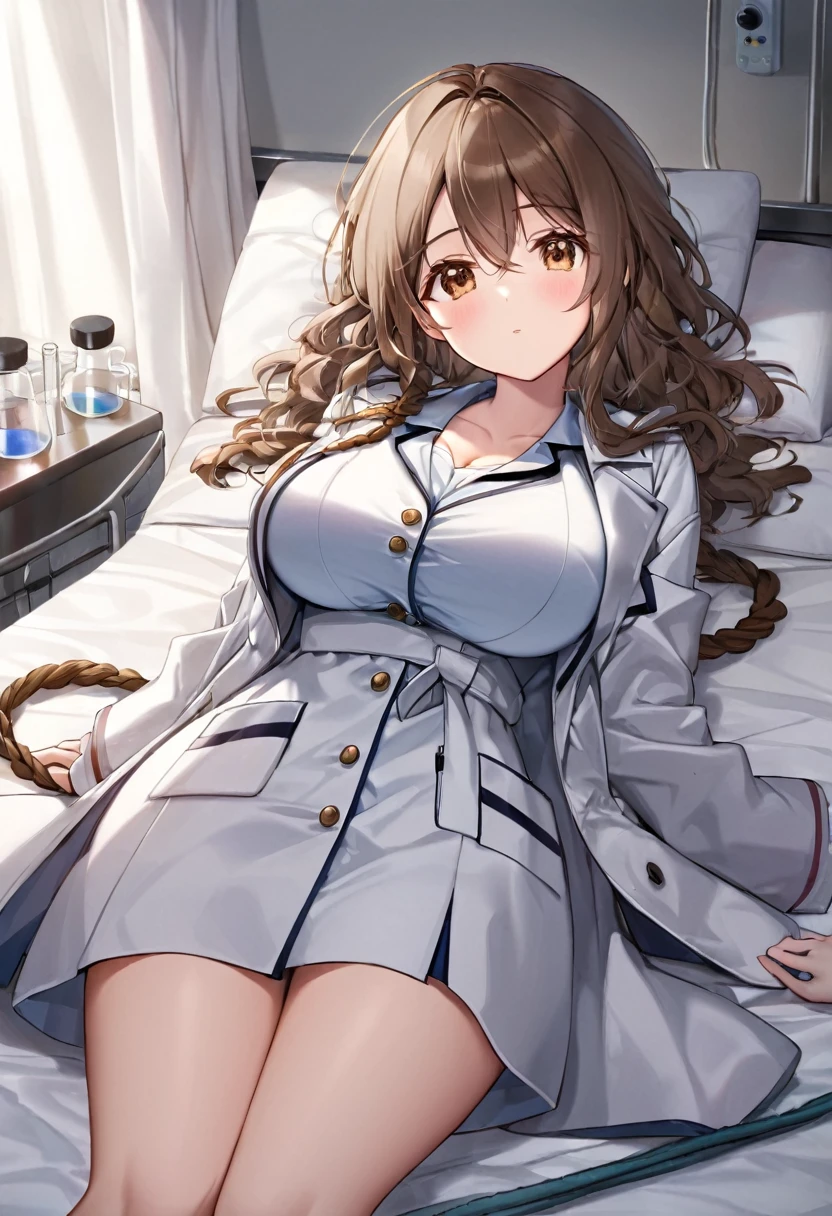 Italian girl, 25 years old, wavy brown hair, lab coat, busty, lying on her bed, tied with ropes to the edges of the bed