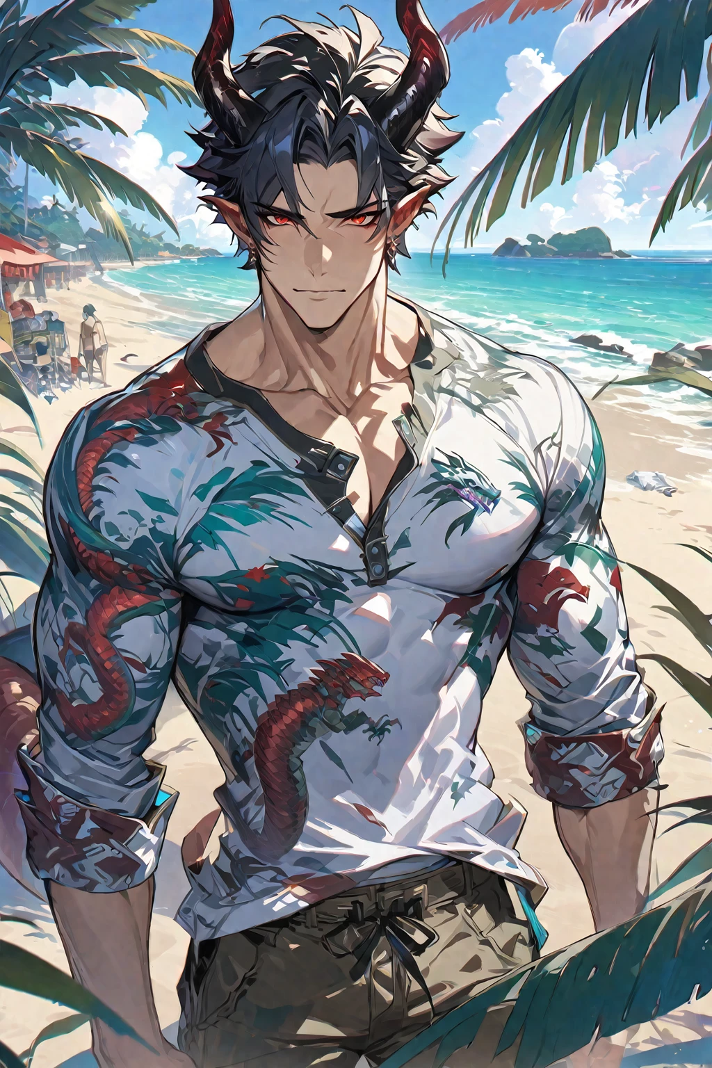 Best quality 8K resolution, highly detailed, digital painting, concept art, of the highest quality, one, handsome, 1 male, adult male, with athletic body, V-shaped body, detailed casual clothes, black demonic horns, short hair, black hair, purple with red tones reptilian eyes, on Beach background, bright light