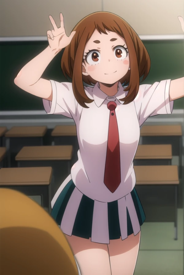 ochakouraraka, ochako uraraka, (uraraka ochako:1.5), (brown eyes:1.5), brown hair, short hair, blush, blush stickers, smile,
BREAK skirt, shirt, , white shirt, short sleeves, pleated skirt, necktie, collared shirt, red necktie, u.a. ,
BREAK indoors, classroom,
BREAK looking at viewer,
BREAK (masterpiece:1.2), best quality, high resolution, unity 8k wallpaper, (illustration:0.8), (beautiful detailed eyes:1.6), extremely detailed face, perfect lighting, extremely detailed CG, (perfect hands, perfect anatomy),