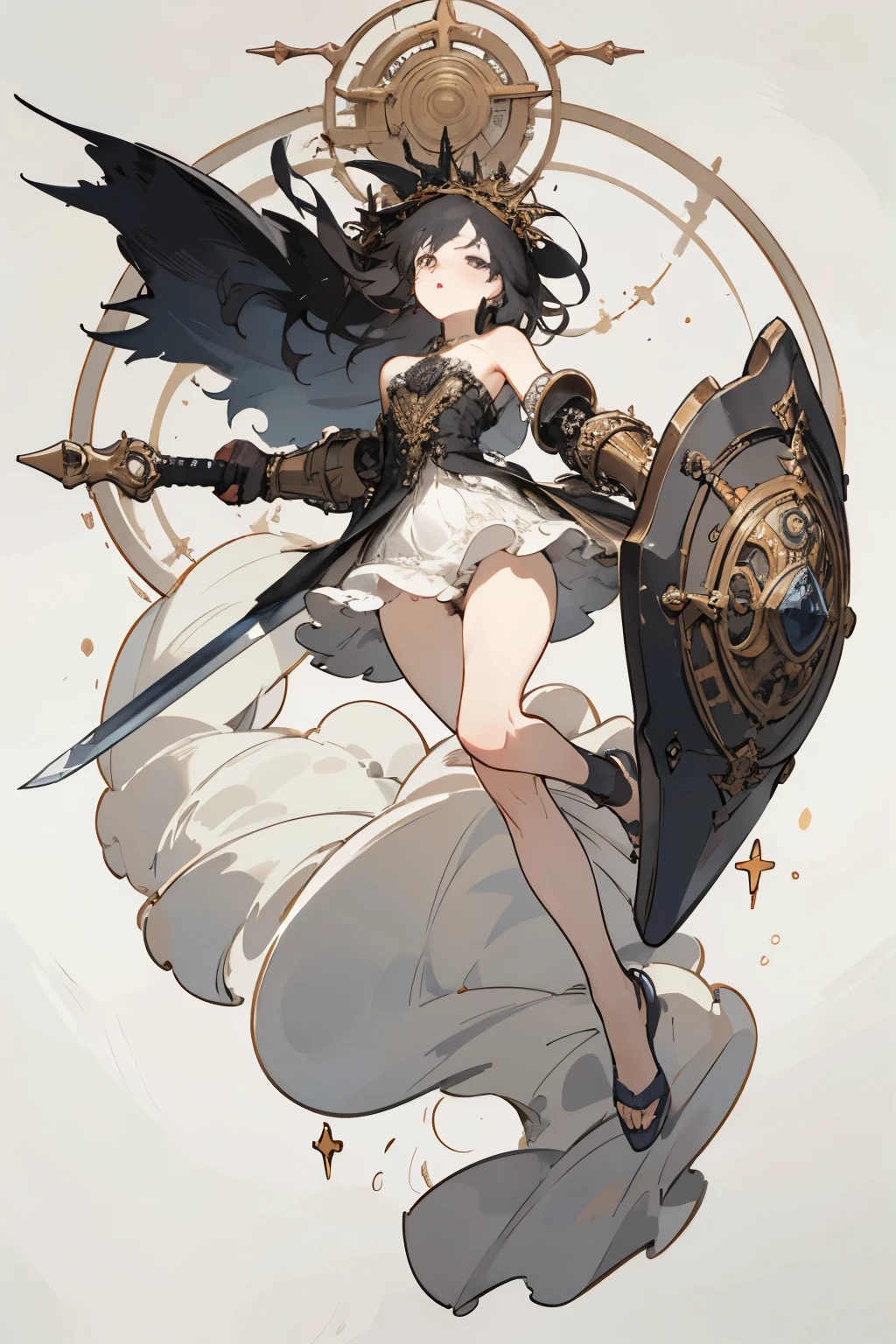 ((best quality)), ((masterpiece)), (detailed), perfect face ((best quality)), ((masterpiece)), (detailed), blank white background, plain background, white background, Bloodborne inspired, occult aesthetic, occult, detailed and intricate steampunk and detailed gothic, (zentangle, mandala, tangle, entangle), NSFW, Very dramatic and cinematic lighting, cosmic horror, grim-dark, side-lighting, perfect face, a beautiful goddess adorned and enshrined in armour, Fluttering lace flared short dress with frilly petticoats, Bloodborne inspired , occult aesthetic , occult , detailed and intricate steampunk and detailed gothic , wielding a sword and holding a shield, NSFW, beautiful small breasts, small breasts, full body, whole body, body, plain background, white background, blank background, no background, white background NSFW, full body, whole body, head-to-toe