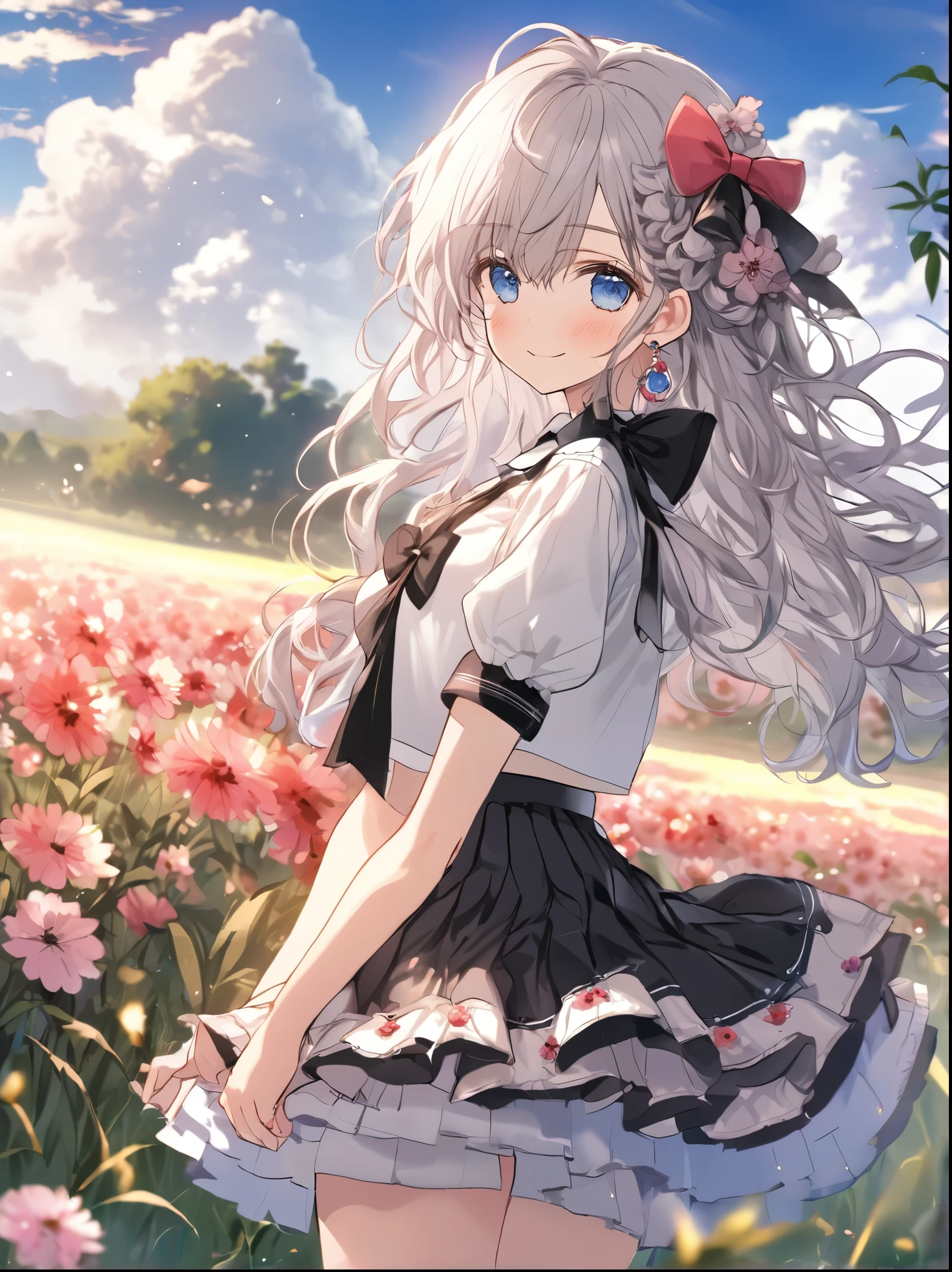 face focus, cute, masterpiece, best quality, 1girl, flower, solo, blue eyes, outdoors, skirt, smile, hair ornament, looking at viewer, jewelry, earrings, short sleeves, shirt, petals, skirt hold, bangs, frills, hair flower, blush, white shirt, sky, white hair, tree, cowboy shot, bow, sunset, black skirt, black bow, parted lips, standing, field, bowtie, breasts, pink flower, cloud, red flower, grass, flower earrings, long hair, center frills, frilled shirt, collared shirt, medium hair, black bowtie, floating hair,white hair