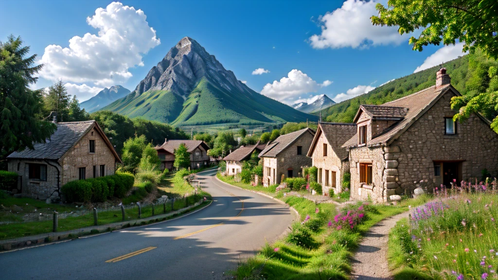 Best quality, masterpiece, super high resolution, cartoon background image of a village includes mountain, trees, pond, house, road