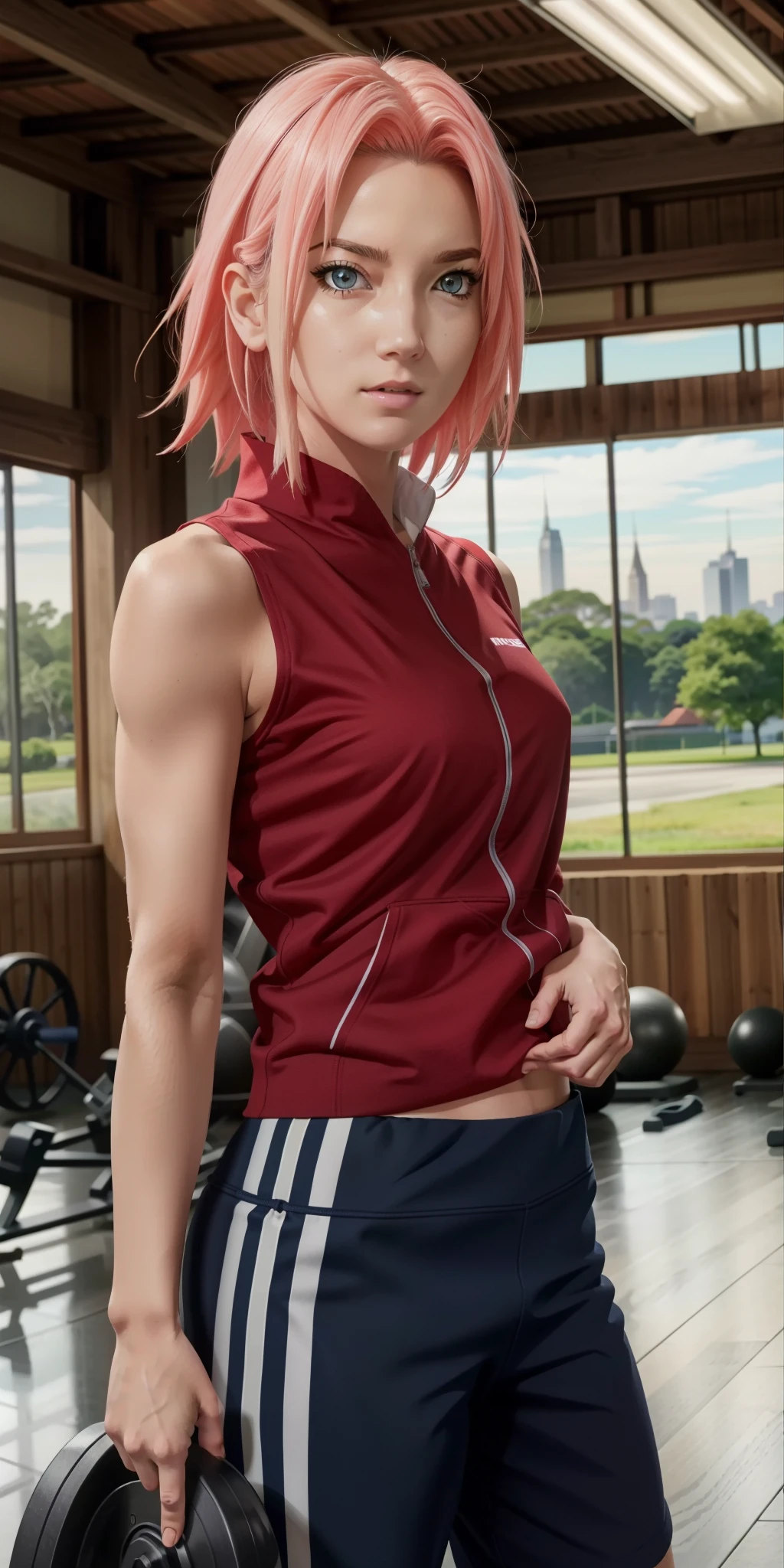 A beautiful, detailed, muscular Sakura Haruno from Naruto Shippuden, wearing workout clothes, in a gym setting, highly detailed, 8k, photorealistic, dynamic pose, dramatic lighting, vibrant colors, beautiful detailed eyes, beautiful detailed lips, extremely detailed face, long eyelashes, strong, powerful, confident expression