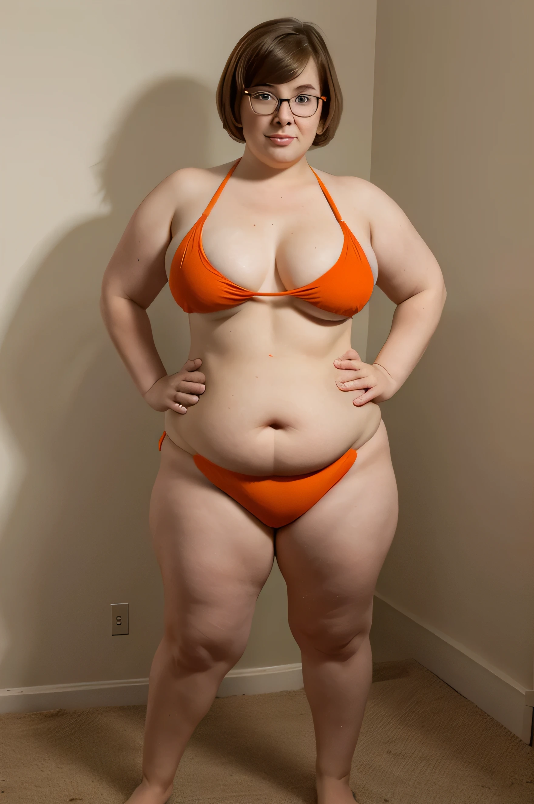 Velma Dinkley from Scooby Doo soft innocent looking fat face glasses red freckles. Short pageboy hairstyle. Extremely obese body and belly orange bikini full body shot. Legs and bare feet.