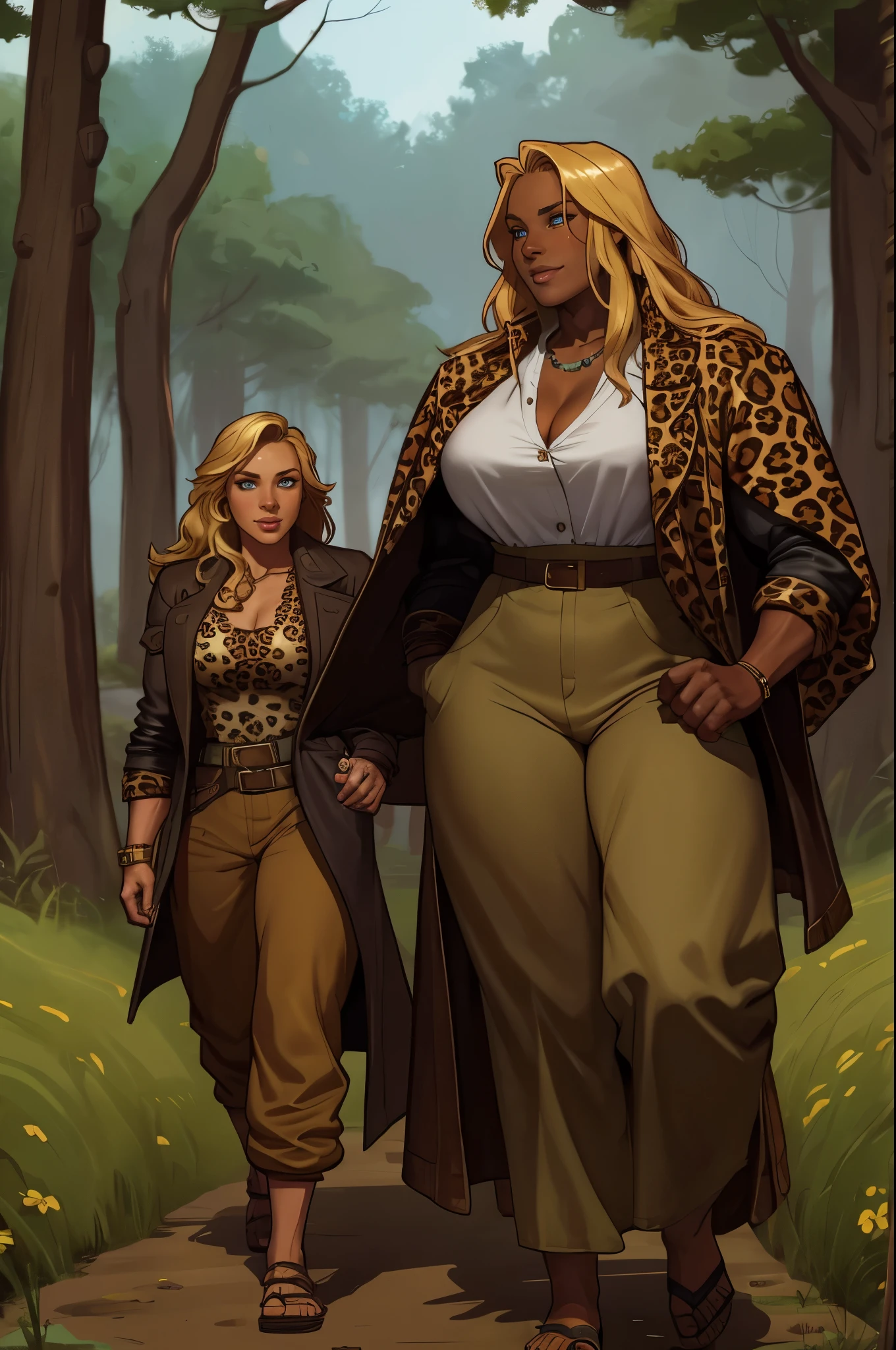 Muscle girl, dark-skinned woman, big chest, happy, coat jacket, pants, portrait, 1character, full body, walking, village, farm, forest, flip-flops, blond hair, revealing cloth, leopard cloths, barbarian, long hair