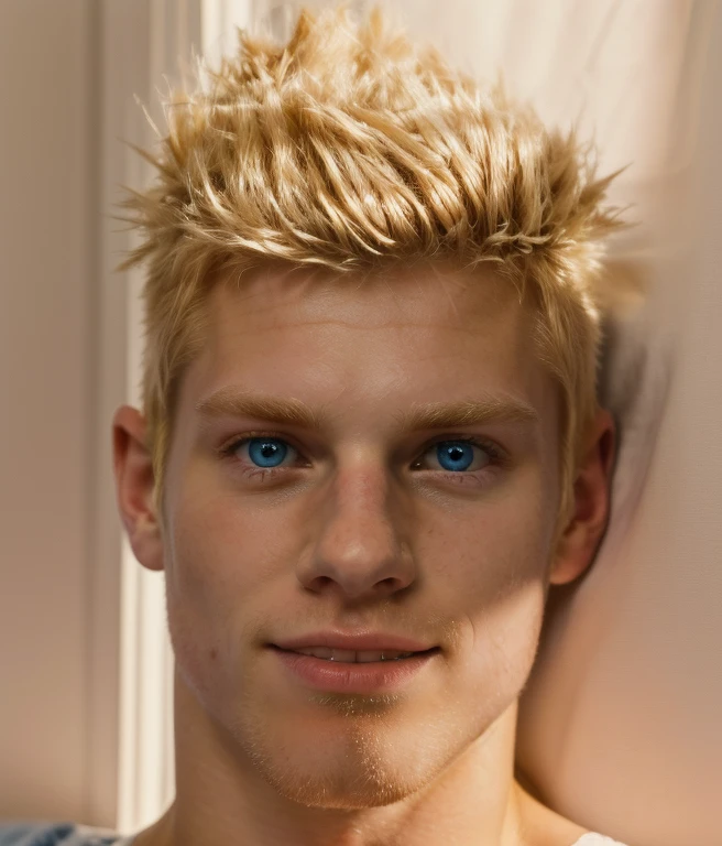 Masterpiece, best quality, a blond haired man with blue eyes, cute and handsome face, youthful, short spiky blonde hair, attractive features, british man, grabbing own pectorals, athletic, jock, shirtless, underwear, laying on bed, indoor, soft lighting, cinematic, intricate details, hyper realistic