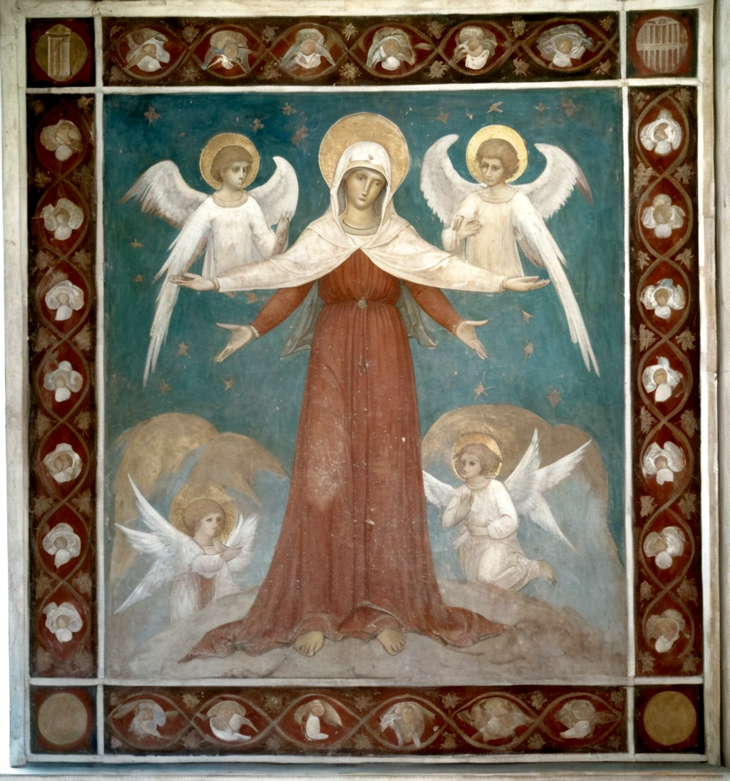 painting of a woman with angels above her arms and magpies below, medieval fresco, fresco painting, mary in a sanctuary, late gothic religious paintings, renaissance mural, by Cimabue, alter, by Giotto, angel, medieval painting, restored painting