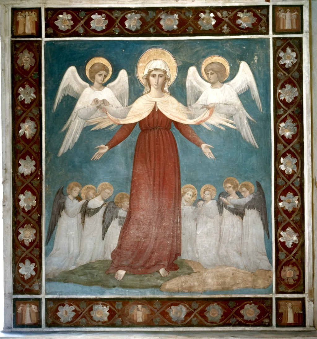 painting of a woman with angels above her arms and magpies below, medieval fresco, fresco painting, mary in a sanctuary, late gothic religious paintings, renaissance mural, by Cimabue, alter, by Giotto, angel, medieval painting, restored painting