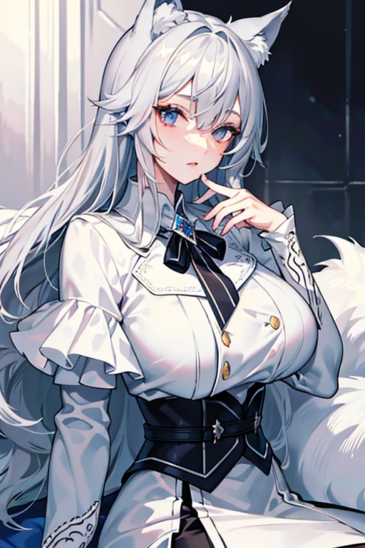best qualtiy,tmasterpiece,The is very detailed,4K,Gray hair and shallow eyes,Drag cool expressions,Wolf ears,Erect scar on the left eye,British style,1girl,Absolutely beautiful, big bust, white costume
