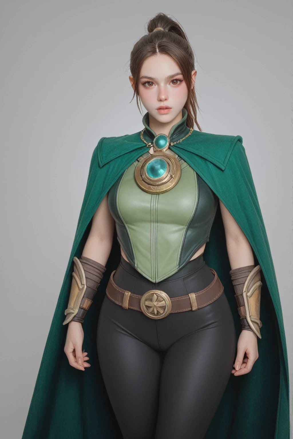 score_9, score_8_up, score_7_up, best quality, masterpiece,
thick thighs, wide hips, jacket, brooch, green cape, vambraces, black leggings, belt, marci \(dota\), brown eyes, brown hair, ponytail