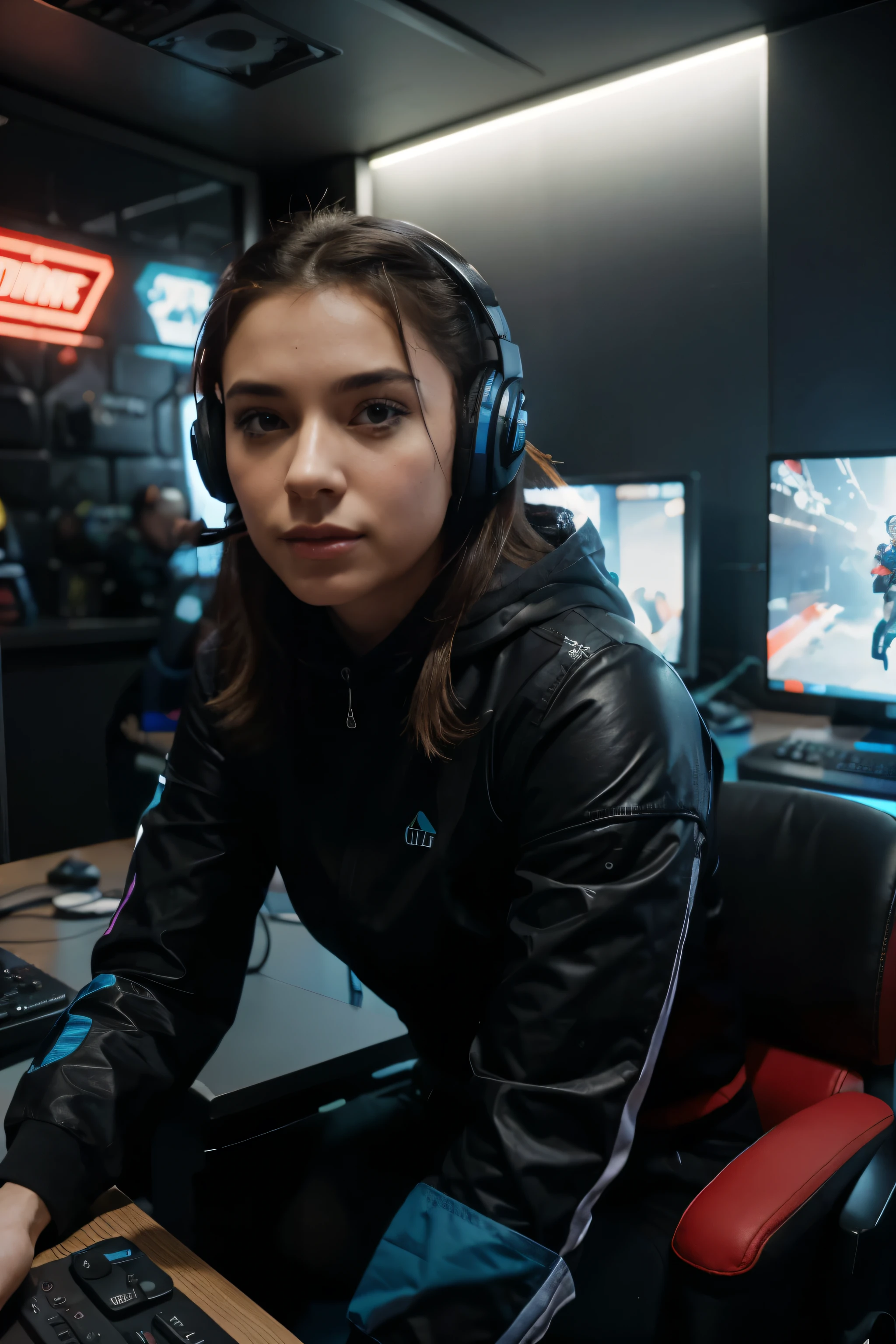 Create a realistic image of a gaming influencer in your broadcast environment. Ela deve estar sentada em uma cadeira gamer estilizada, Ergonomically designed for comfort during long gaming sessions. In front of you, there should be a high definition monitor displaying a popular game, with details visible on the screen.

The influencer must be wearing a modern headset with an adjustable microphone, indicating that she is in the middle of a live broadcast. Your expression should be focused and involved, reflecting the intensity and passion for the game.

O ambiente ao seu redor deve ser caracteristicamente gamer, mas com uma paleta de cores vibrantes, predominando os tons de azul. Include RGB lighting, especially blue LED lights that softly illuminate the space. The background must feature gamer decoration elements, like shelves with action figures and gaming collectibles, iconic character posters, and some technological accessories.

Make sure the entire scene has a modern, dynamic feel, conveying the energy and vibe of a dedicated gamer influencer.

