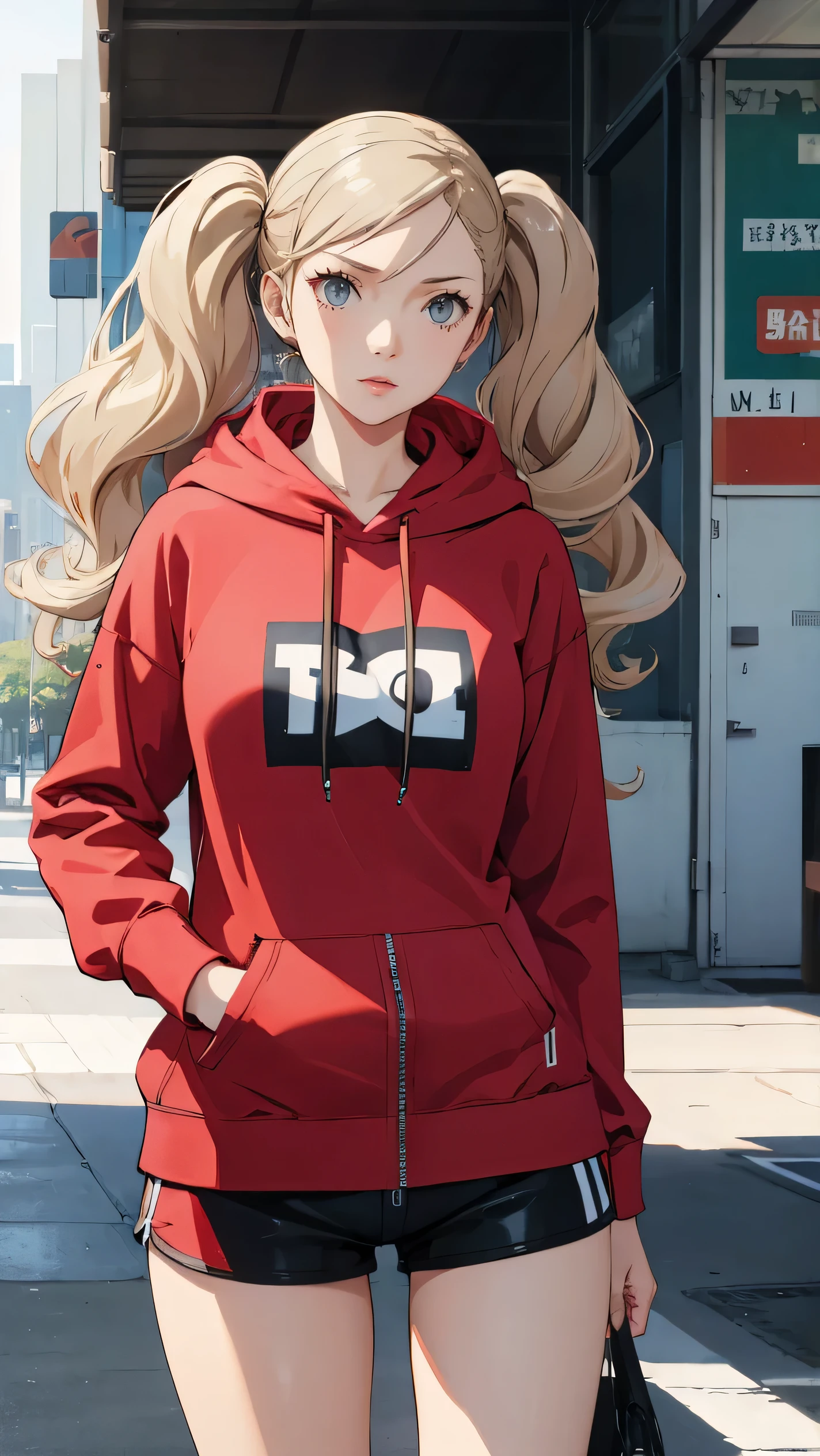 (((masterpiece))), HD 4k res image, no blur, Ann Takamaki, innocent, outdoor, wearing oversized hoodie and shorts