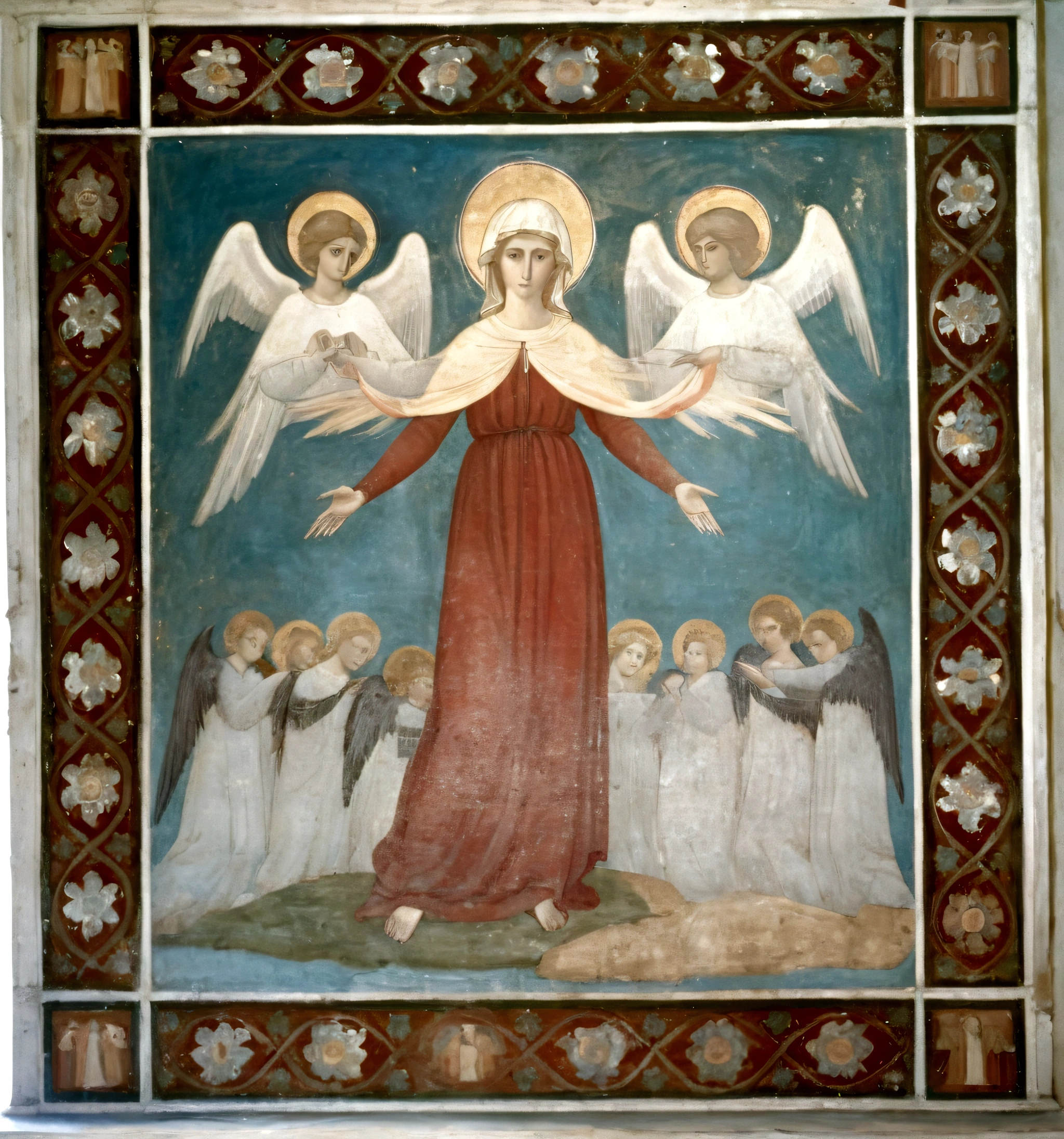 painting of a woman with angels above her arms and magpies below, medieval fresco, fresco painting, mary in a sanctuary, late gothic religious paintings, renaissance mural, by Cimabue, alter, by Giotto, angel, medieval painting, restored painting