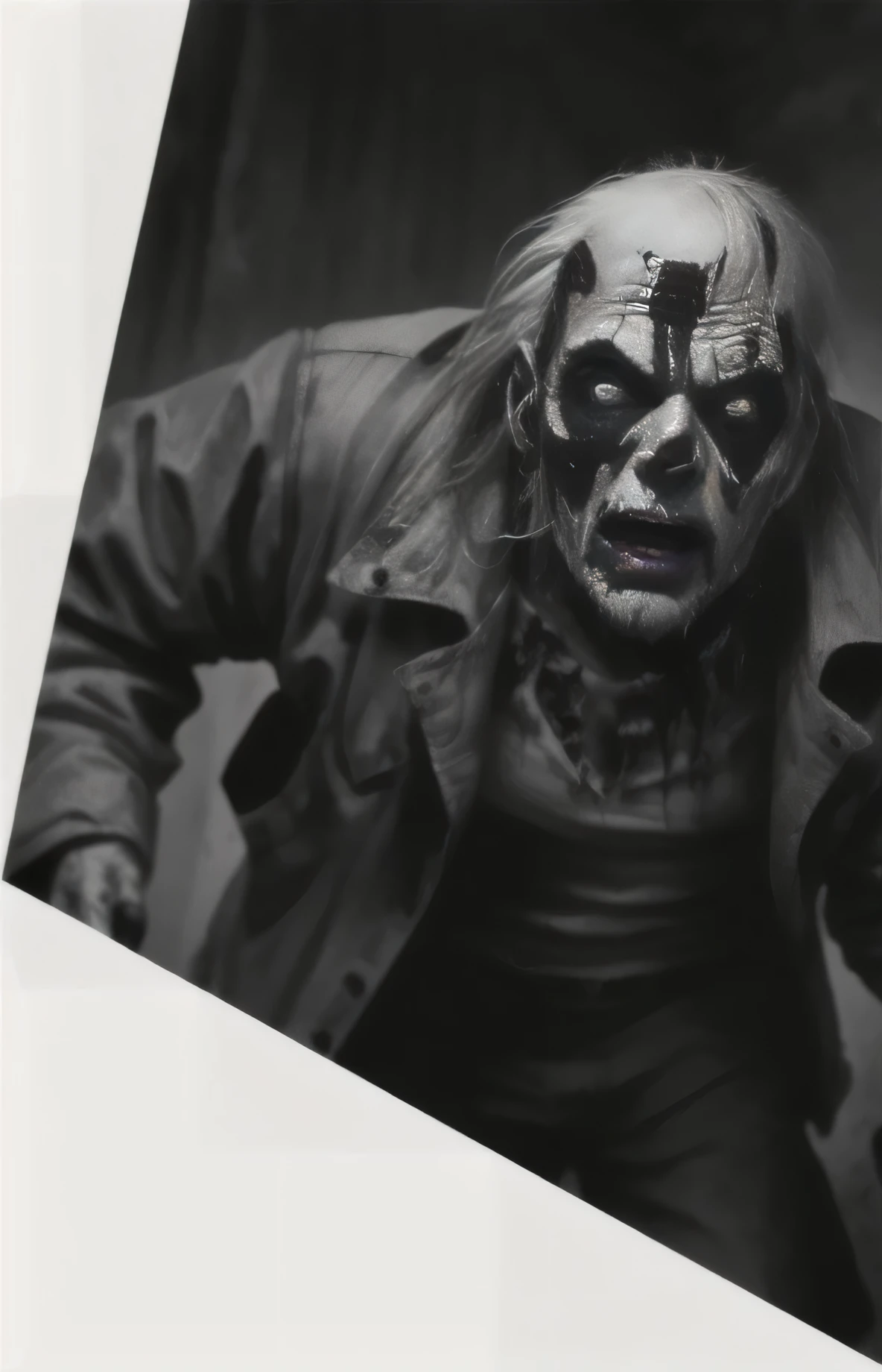 a black and white photo of a man with a creepy face, zombie with white eyes, christopher lloyd as belial, z nation, man mutating to zombie, award winning horror photography, horror photography, creepy sigma 75mm, horror animatronic, portrait of a zombie, scary angry pose, film still from a horror movie, vecna from stranger things