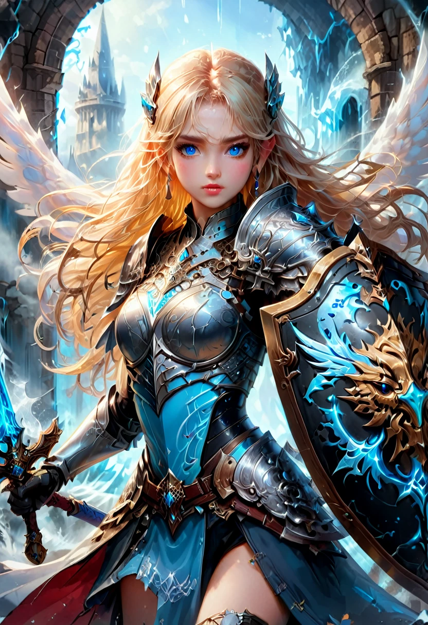 Female Warrior, Sword and shield, Art style of Huang Guangjian, alcohol ink style, oil painting style, mixed media, gorgeous female knight, blonde hair, ice blue eyes, wearing Viking helmet, (holding_enormous_intricate_embossed_heraldic_shield, shield front and center:1.8), hyperdetailed face, fantasy ancient ruins and crumbling towers background, intricately detailed cosmos skyline
