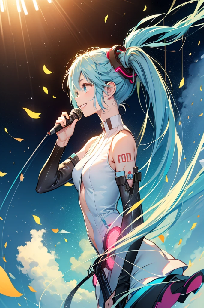Hatsune Miku、((Shiny hair))、、Brown skin、smile、Sunburn、 Tattoo、((Light blue hair))、Long twin tails、((Sing with a microphone))((highest quality)).4k、Very thin body、