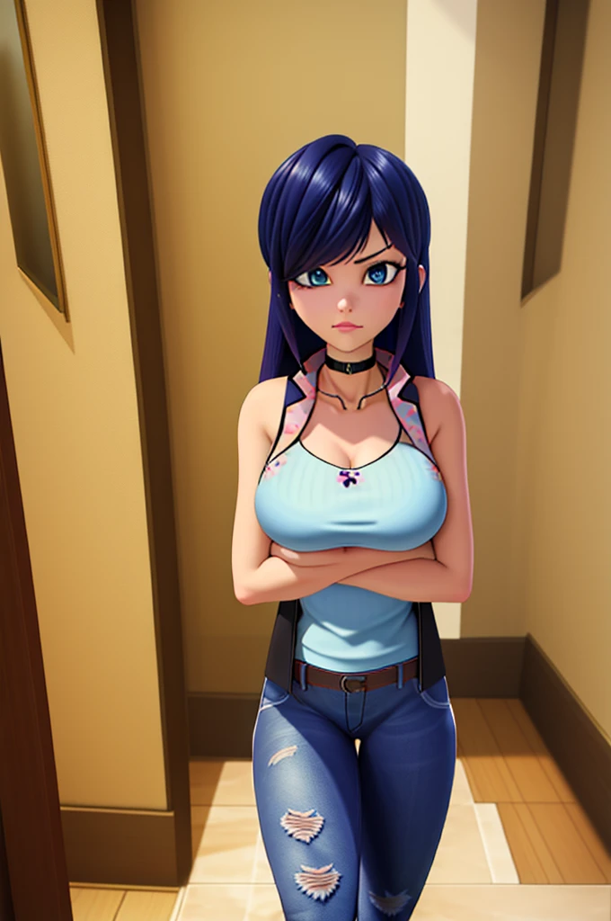 (8k, RAW photo, best quality, masterpiece:1.2), (intricate details), perfect eyes, perfect face, perfect lighting, beautiful, (masterpiece:1.2), (best quality:1.2), 1girl, solo, marinette, blue hair, ((long loosen hair, bangs over one eye, )), adult torso, 19 years old, angry, huge sized breasts, ( tank top, denim jacket, ripped jeans, choker necklace,) cowboy shot, 3DMM, sitting, arms crossed, front view, 