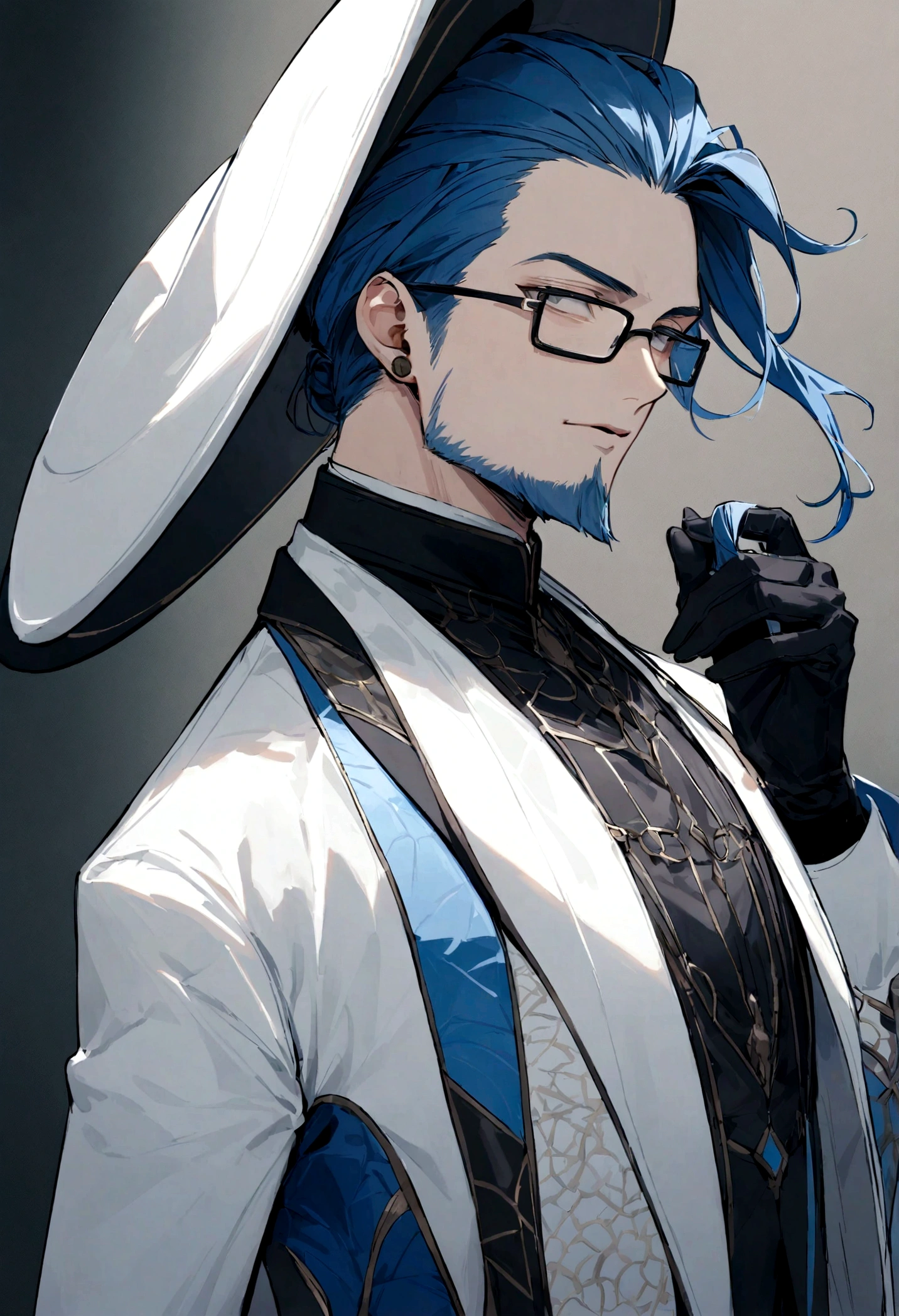 A male character, old face, using a hat, with blue hair styled back and gray streaks on the sides. He wears rectangular glasses and has a neatly trimmed gray beard. He is dressed in an elegant futuristic coat in blue and white with black details, featuring a modern design with metallic fastenings and a subtle pattern. The coat has a unique asymmetrical design, with one side predominantly blue and the other white. He holds a white hat in one hand, which is covered by a black glove with white details. The character has a serene and confident expression, maintaining a youthful and vigorous appearance.