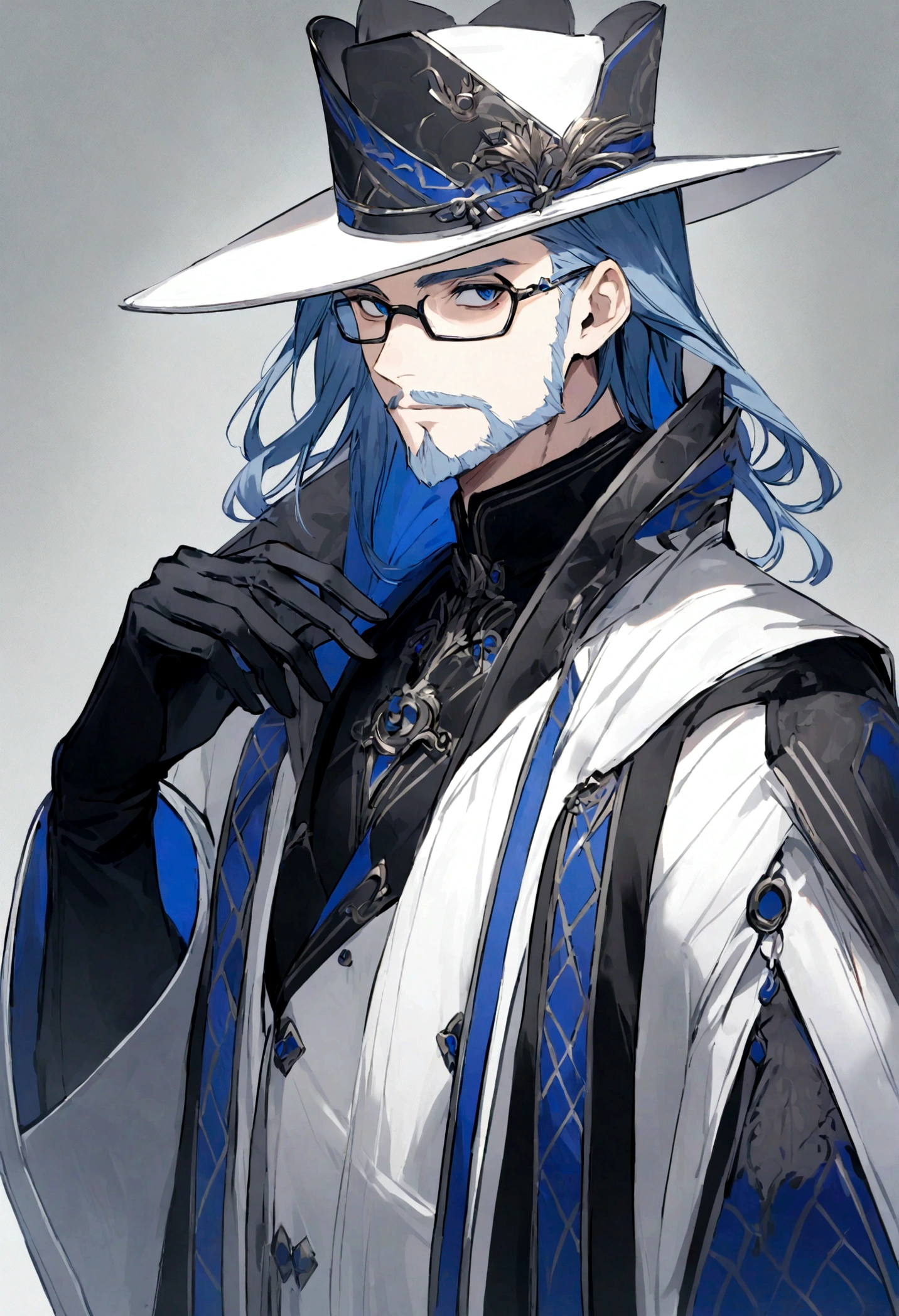 A male character, old face, using a hat, with blue hair styled back and gray streaks on the sides. He wears rectangular glasses and has a neatly trimmed gray beard. He is dressed in an elegant futuristic coat in blue and white with black details, featuring a modern design with metallic fastenings and a subtle pattern. The coat has a unique asymmetrical design, with one side predominantly blue and the other white. He holds a white hat in one hand, which is covered by a black glove with white details. The character has a serene and confident expression, maintaining a youthful and vigorous appearance.