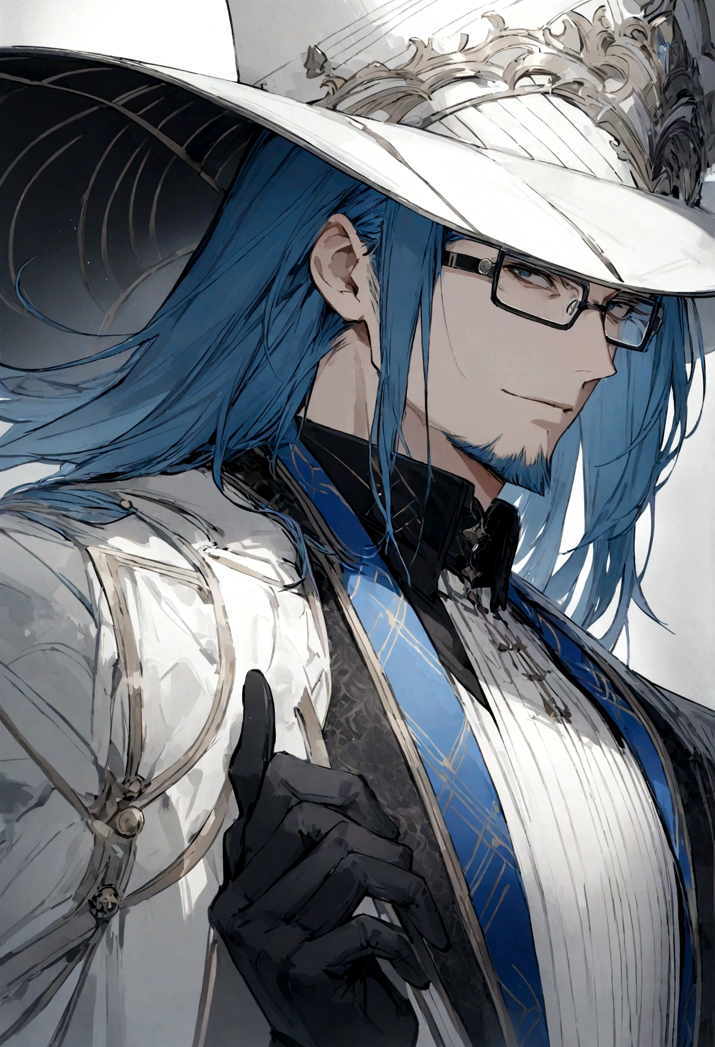 A male character, old face, using a hat, with blue hair styled back and gray streaks on the sides. He wears rectangular glasses and has a neatly trimmed gray beard. He is dressed in an elegant futuristic coat in blue and white with black details, featuring a modern design with metallic fastenings and a subtle pattern. The coat has a unique asymmetrical design, with one side predominantly blue and the other white. He holds a white hat in one hand, which is covered by a black glove with white details. The character has a serene and confident expression, maintaining a youthful and vigorous appearance.
