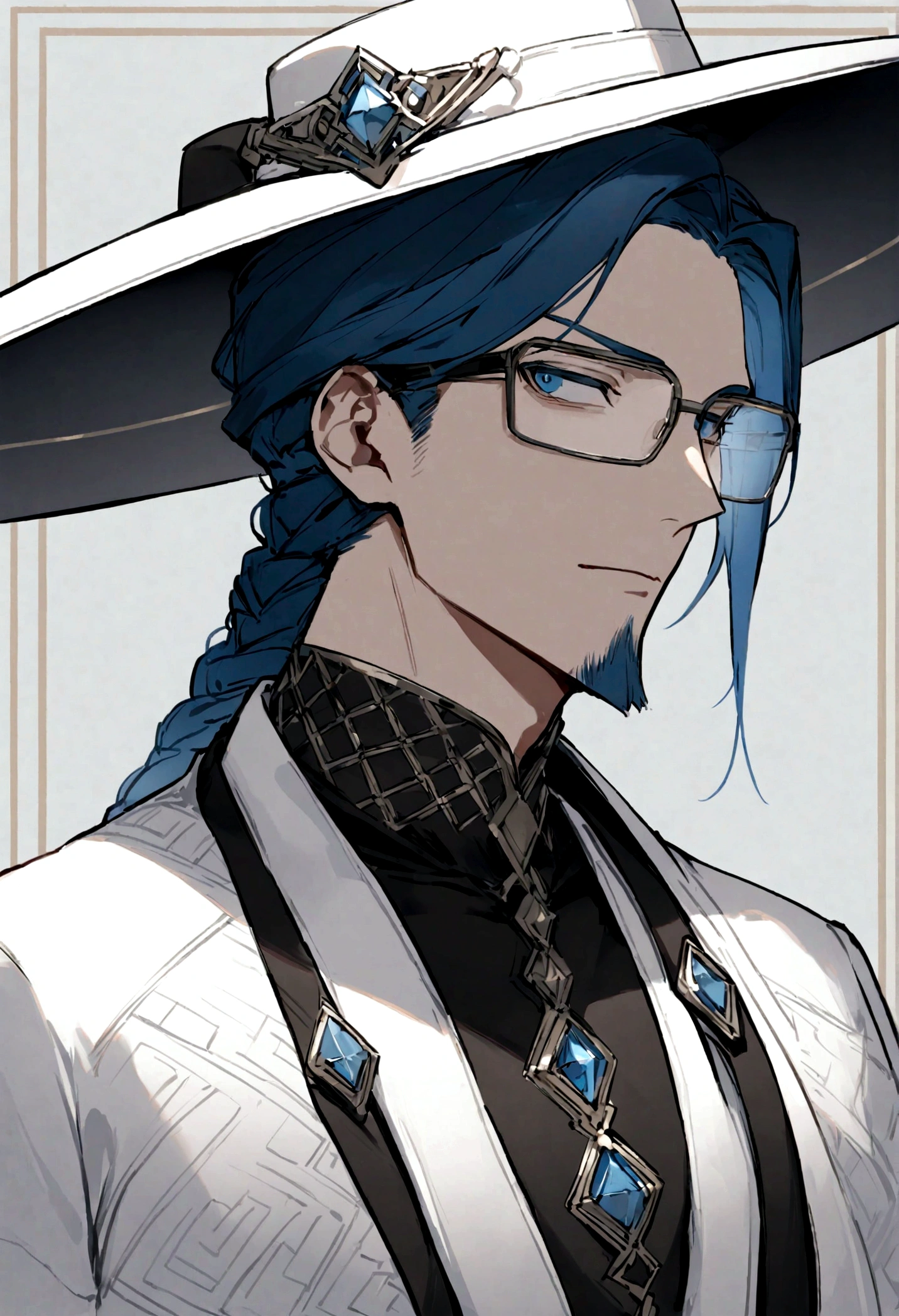 A male character, old face, using a hat, with blue hair styled back and gray streaks on the sides. He wears rectangular glasses and has a neatly trimmed gray beard. He is dressed in an elegant futuristic coat in blue and white with black details, featuring a modern design with metallic fastenings and a subtle pattern. The coat has a unique asymmetrical design, with one side predominantly blue and the other white. He holds a white hat in one hand, which is covered by a black glove with white details. The character has a serene and confident expression, maintaining a youthful and vigorous appearance.