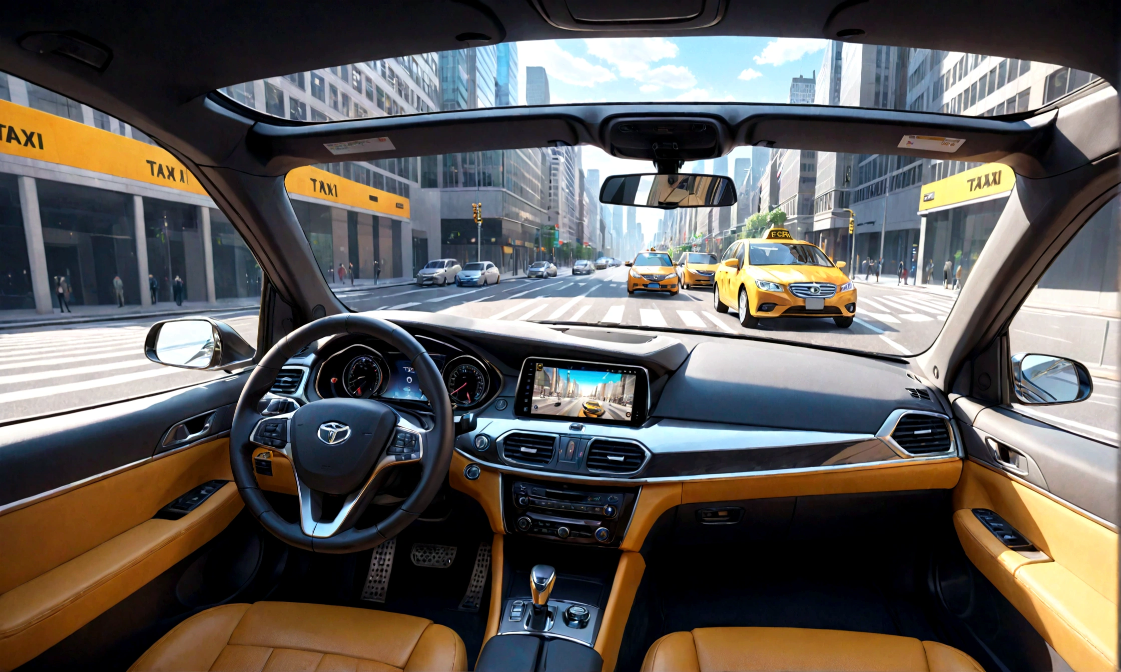 arafed view of a car with a taxi cab in the background, inside of a car, a hyper realistic, interior background, full view of a car, hyper detailed scene, driving through the city, inside a grand, highly detailed interior, elegant interior, scenic full shot, hyper-realistic, hyper - realistic, hyperreal rendering, holographic display lenses