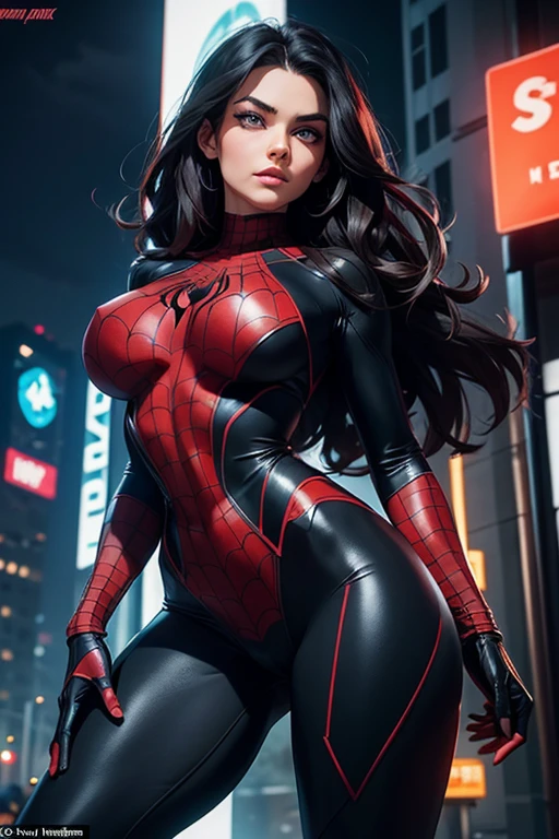 Create a 30-year-old dark-haired female character dressed in a sexy, modern take on Spider-Man's costume. Imagine a black and red jumpsuit with a high neckline, tight fit, and a bold, red spider emblem on the chest. The suit should be sleek and form-fitting, accentuating her curves. From the waist down, her body should transform into that of a spider, with eight agile legs and a toned, arachnid physique. Her long, dark hair should be styled in loose waves, and her eyes should be a deep, piercing brown. She should be standing in a dynamic pose, perhaps with one leg bent and her arms extended, as if ready to swing into action. The background should be a dark, urban cityscape with towering skyscrapers and neon lights.