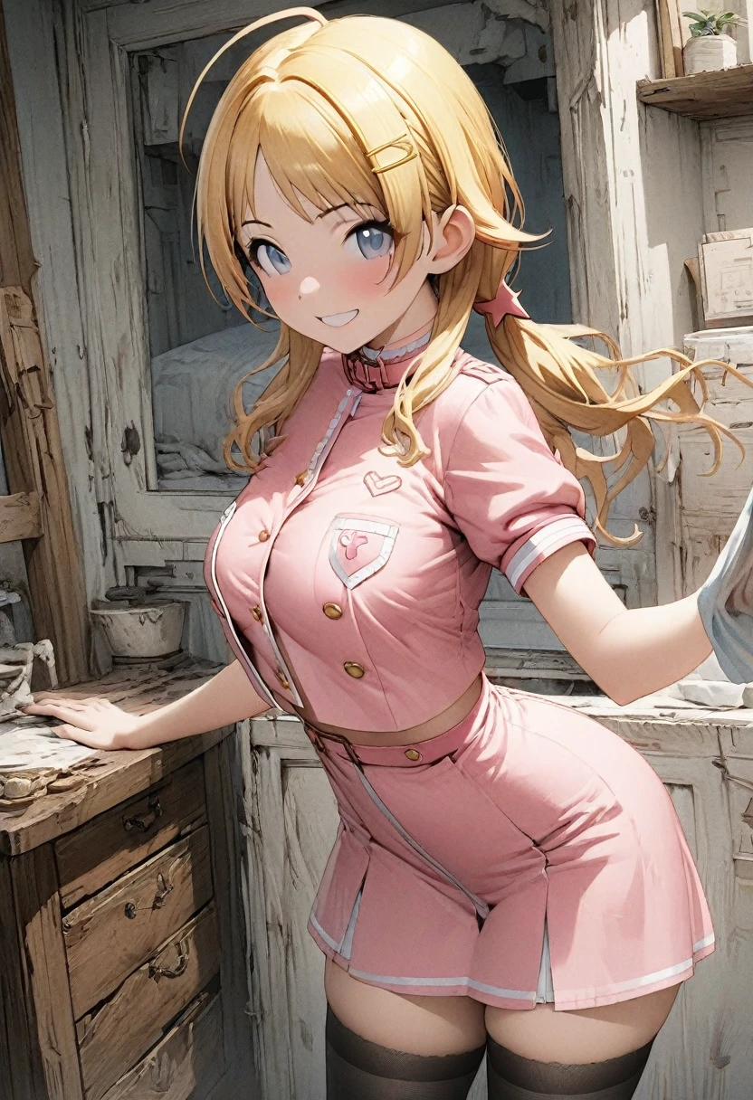 NSFW,(pale illustration,anime illustrations:1.2),(masterpiece, highest quality, so beautiful, Super detailed),textured skin, high details,8k,gleaming skin,pale outline

(hachimiya meguru, idolmaster:1.2),gold hair,

1 girl,(black Thighhighs:1.3),middle breasts,shorty,happy smile,
pink nurse uniform,standing,
from front,white and clean bedroom