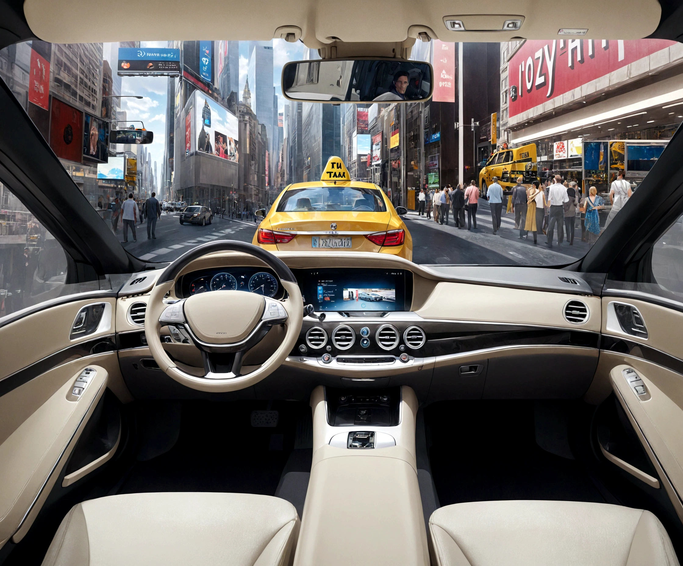 arafed view of a car with a taxi cab in the background, inside of a car, a hyper realistic, interior background, full view of a car, hyper detailed scene, driving through the city, inside a grand, highly detailed interior, elegant interior, scenic full shot, hyper-realistic, hyper - realistic, hyperreal rendering, holographic display lenses