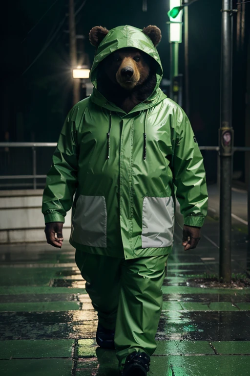 A bear, anthropomorphic, chubby, furry, rain clothes (the clothes are light green and Cris), green lighting, male FURRY style looking forward anime.Hacker Fashion Matrix Green Binary Code Cu Design Concept Art