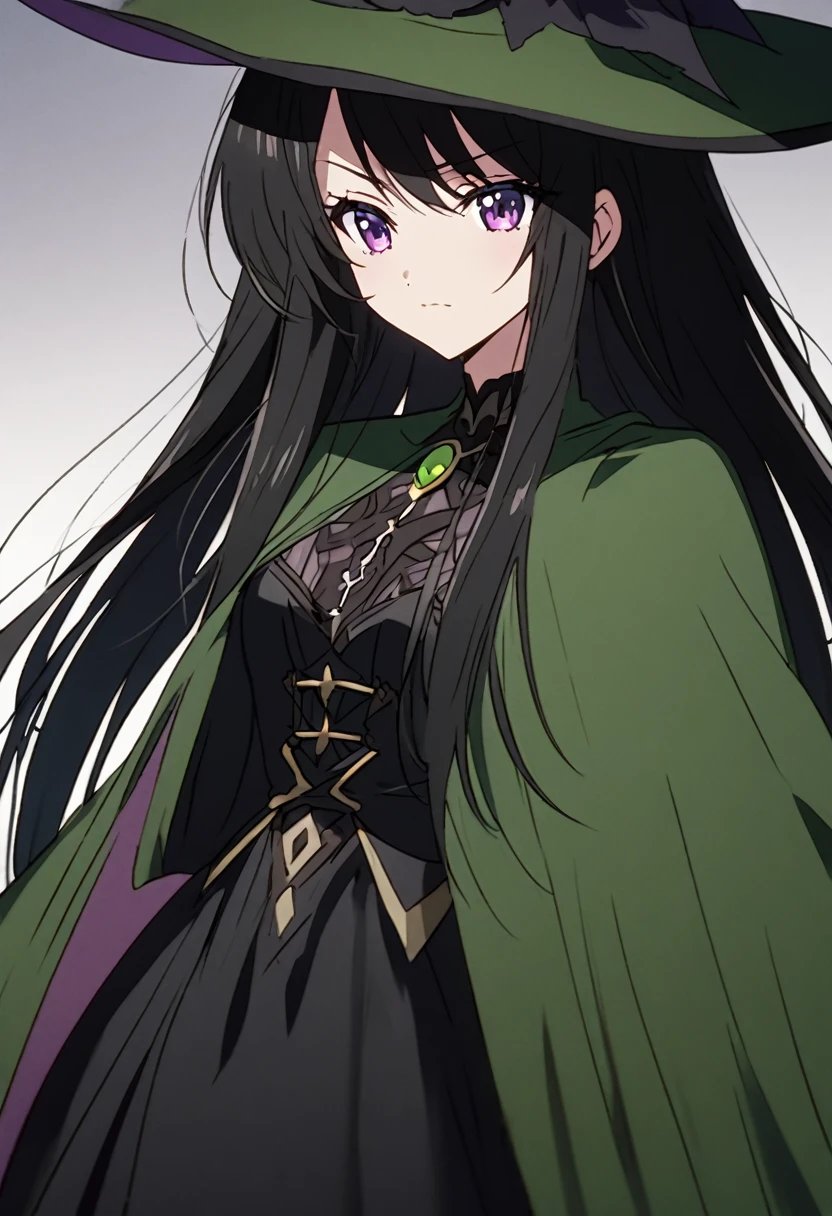 a close up of a person wearing a hat and dress, flirty anime witch casting magic, gothic maiden anime girl, anime girl with long hair, fashionable dark witch, in a cloak with long hairs, anime girl wearing a black dress, dark witch character, with a green cloak, witch girl, classical witch