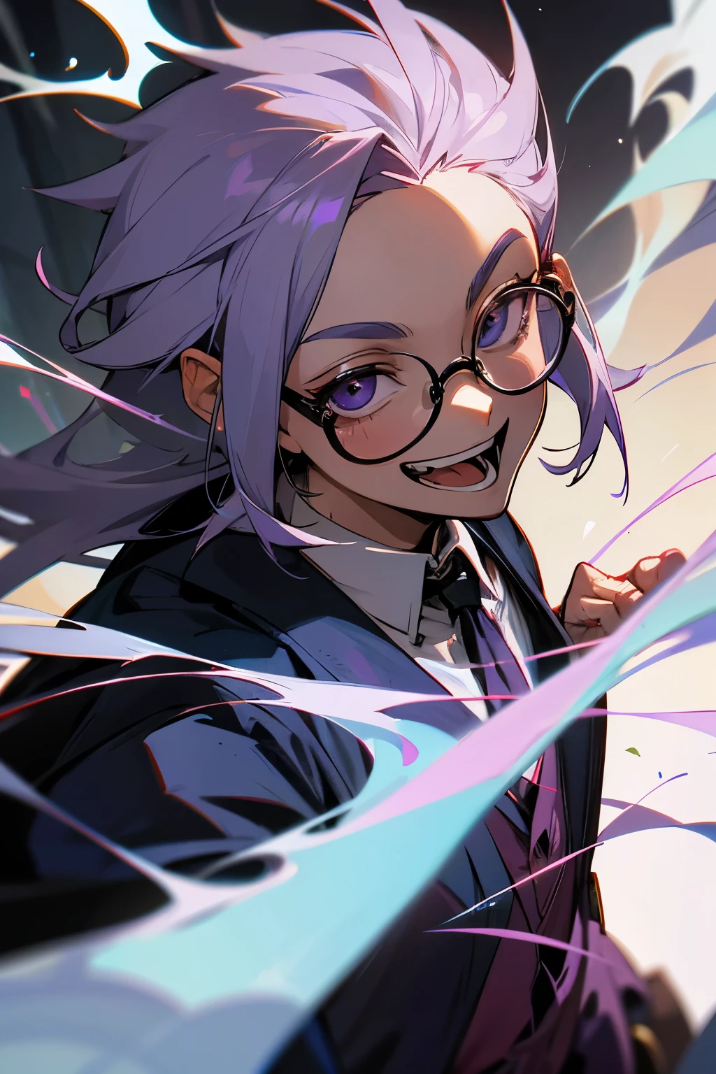 Teacher, a young wizard, smokes, wears glasses, smiles wide-mouthed, hair gray-purple. In front of the class, 30 years old, crazy, pierced ears