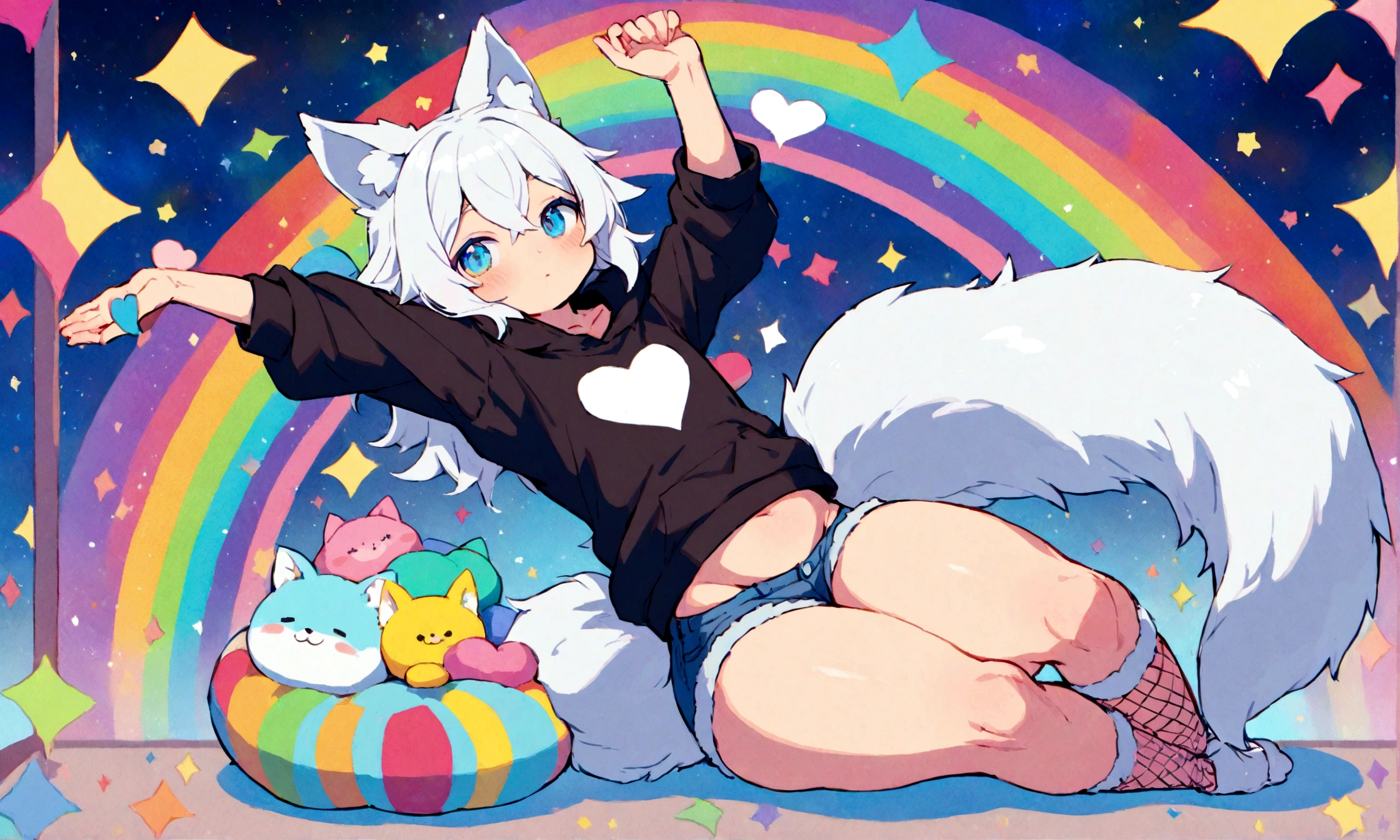 a cute adult male with wolf ears, white hair, has a wolf tail, wearing a loose cropped oversized black hoodie, wearing a pair of denim short shorts and fishnet stockings, thick thighs, wide hips, relaxing on mound of fluffy multi colored kawaii plushies, short, very slim, showing slender tummy, stretching out, heart on hoodie, squishy thighs, has glowing blue eyes. alone, solo (ALONE)(SOLO), surrounded by rainbows, colorful galaxy backround