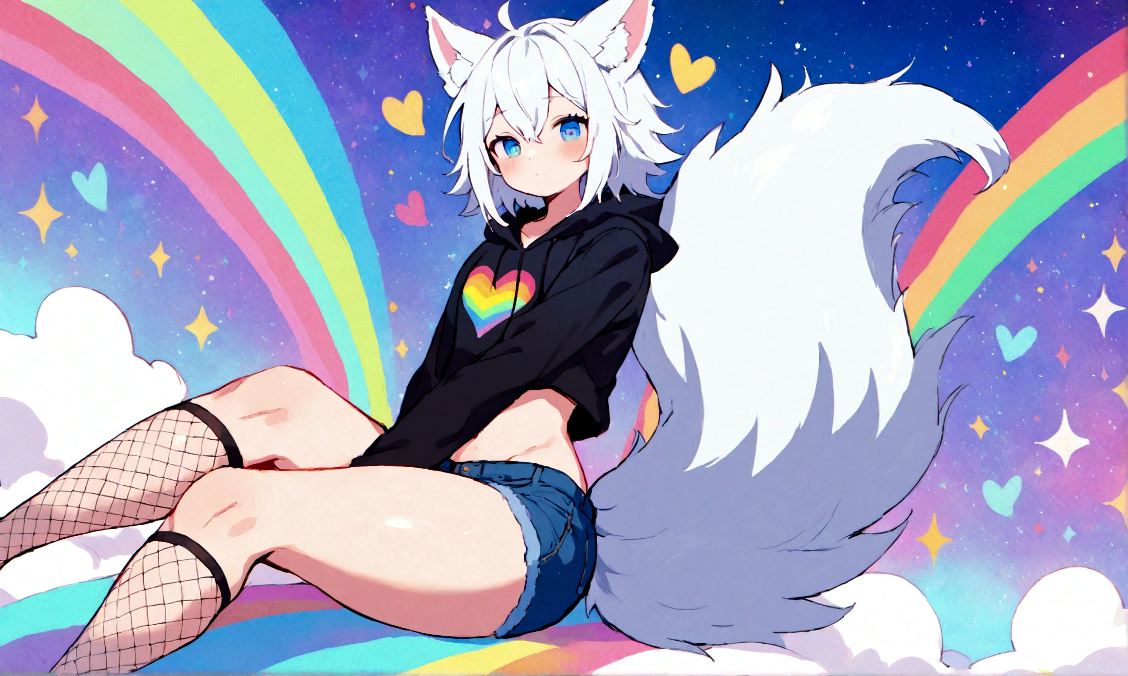 a cute adult male with wolf ears, white hair, has a wolf tail, wearing a loose cropped oversized black hoodie, wearing a pair of denim short shorts and fishnet stockings, thick thighs, wide hips, relaxing on mound of fluffy multi colored kawaii plushies, short, very slim, showing slender tummy, stretching out, heart on hoodie, squishy thighs, has glowing blue eyes. alone, solo (ALONE)(SOLO), surrounded by rainbows, colorful galaxy backround